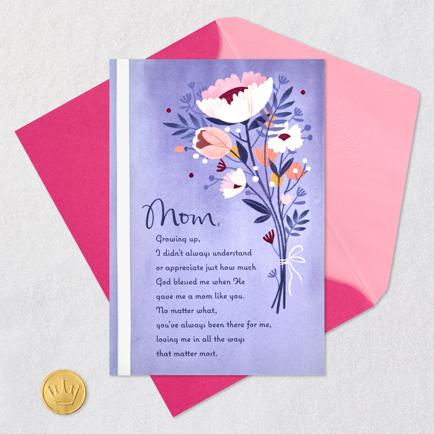 Flowers on Purple Religious Mother's Day Card for Mom Card Front with Envelope and Gold Seal image number 6