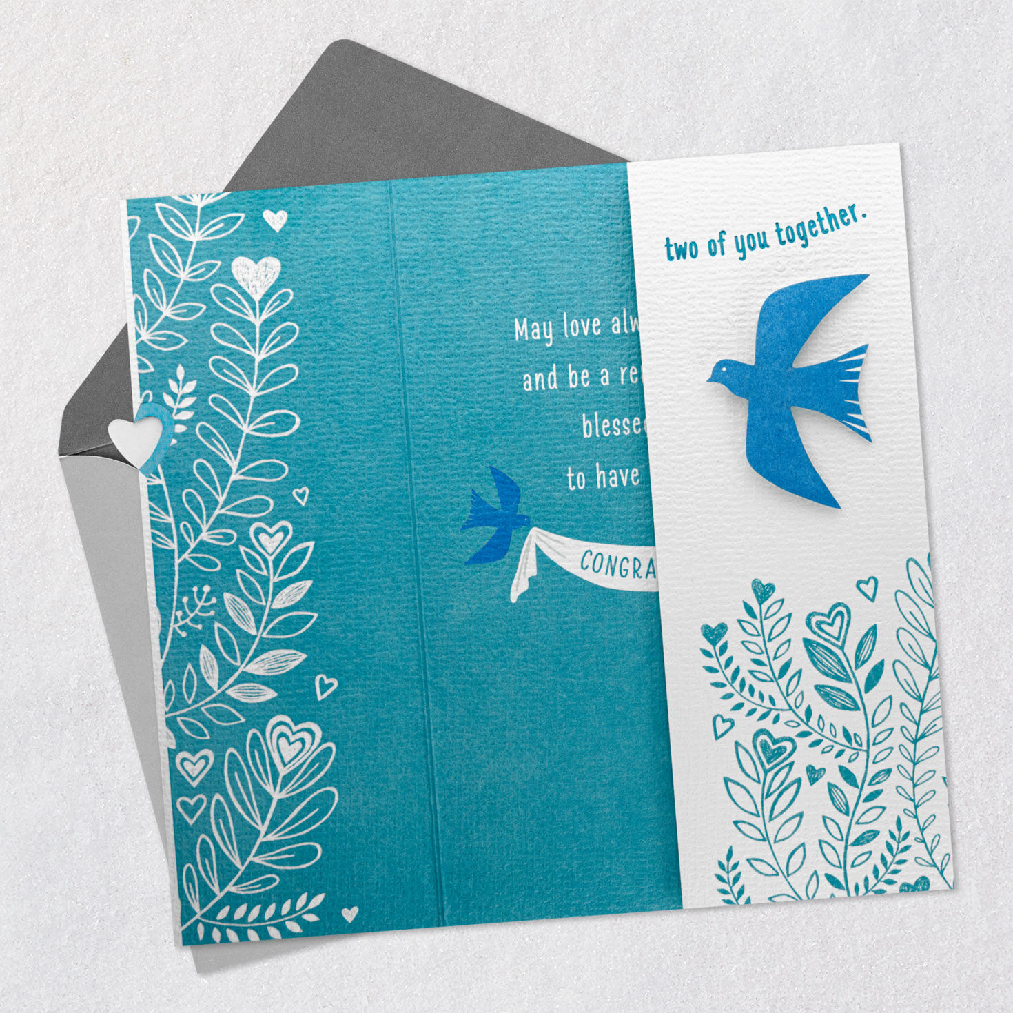 Blue Birds and Heart-Shaped Flowers Wedding Card Open card with envelope image number 3