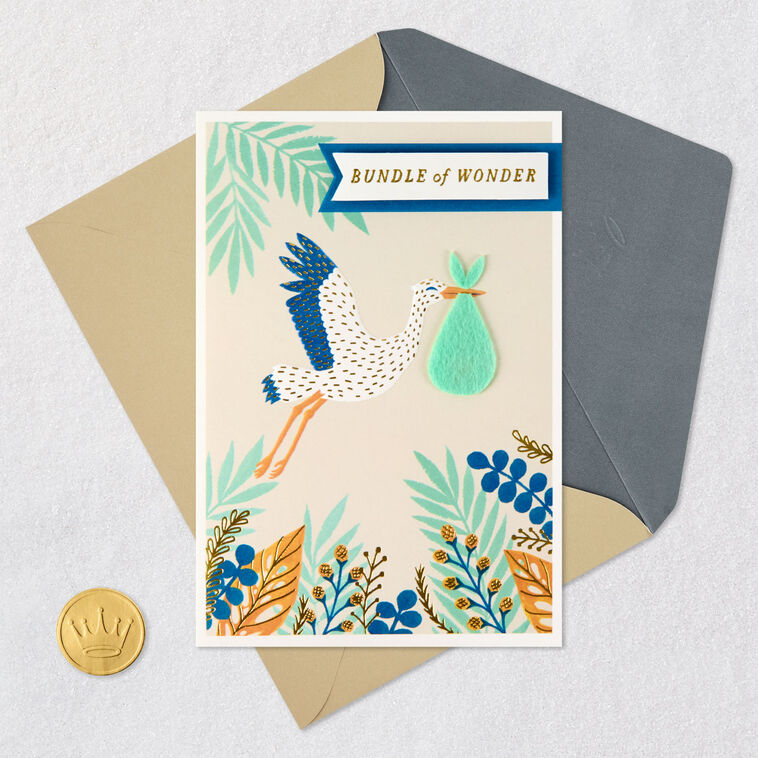 Stork and Leaves New Baby Boy Card Card Front with Envelope and Gold Seal image number 5