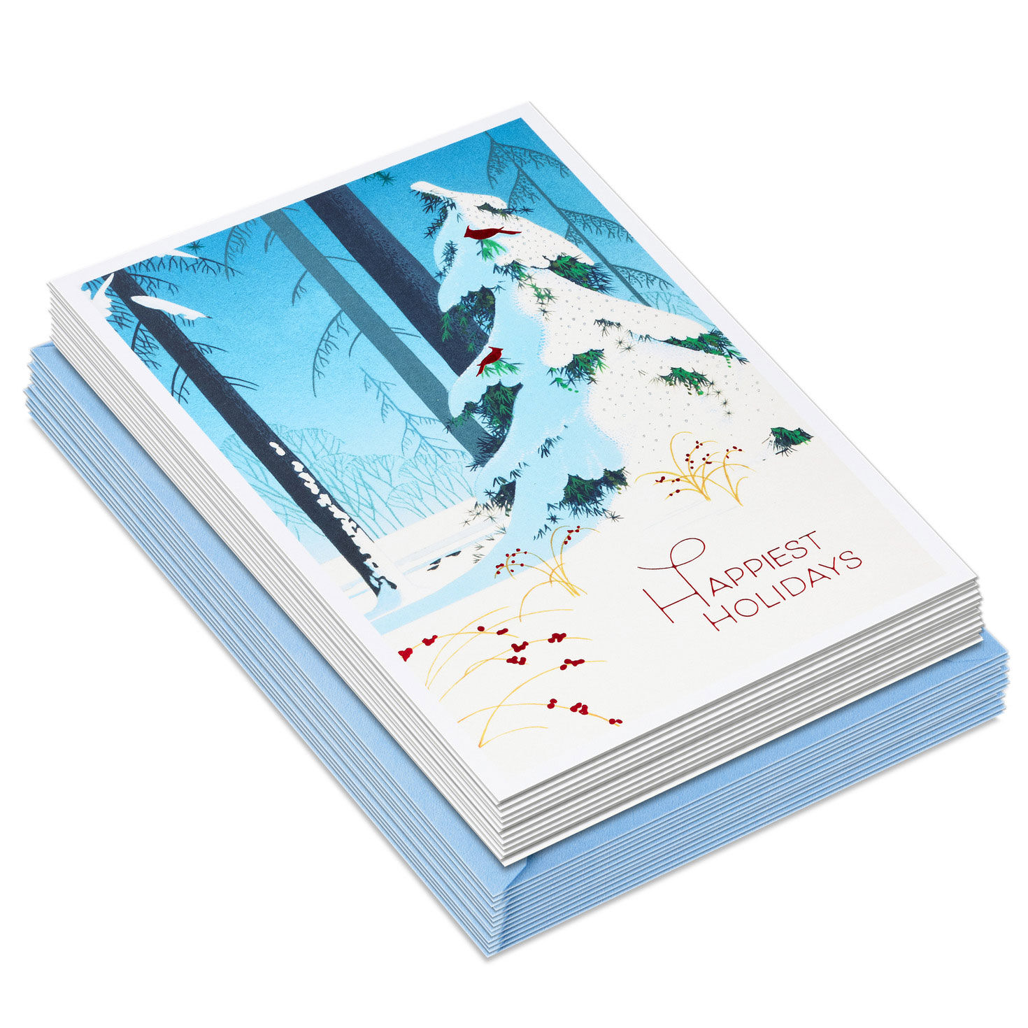 Snowy Pines and Red Birds Boxed Christmas Cards front stacked image number 2