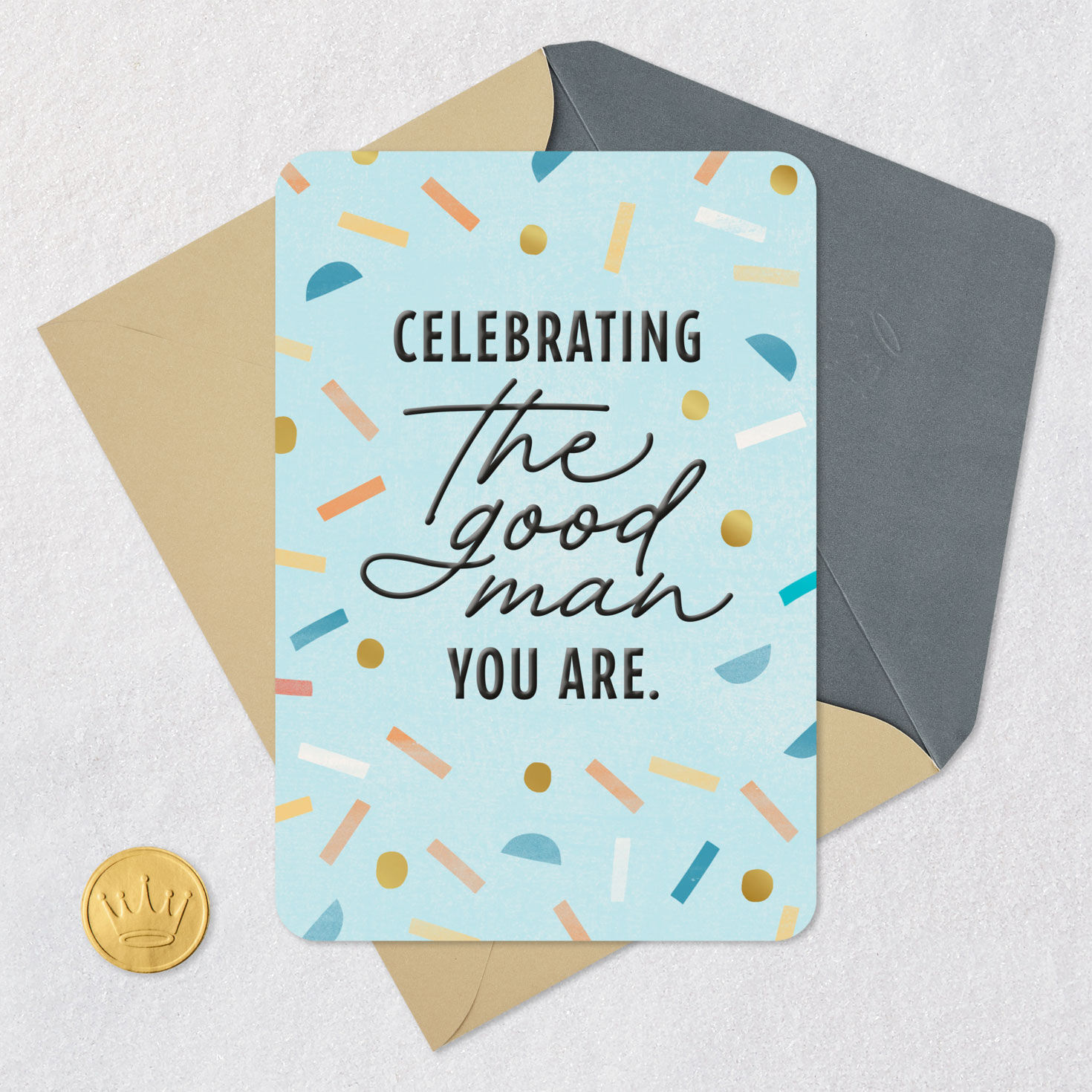 Confetti on Blue Birthday Card for Man Card Front with Envelope and Gold Seal image number 5
