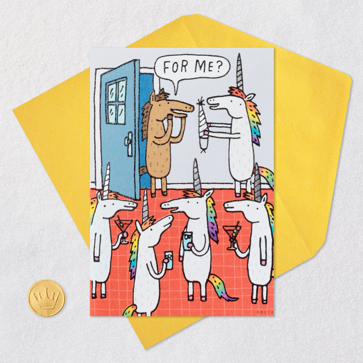 Horse and Unicorns at Party Funny Birthday Card Card Front with Envelope and Gold Seal image number 5