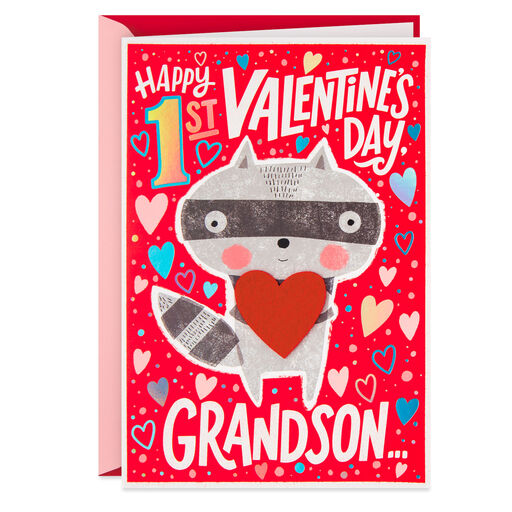 Raccoon First Valentine's Day Card for Grandson, 