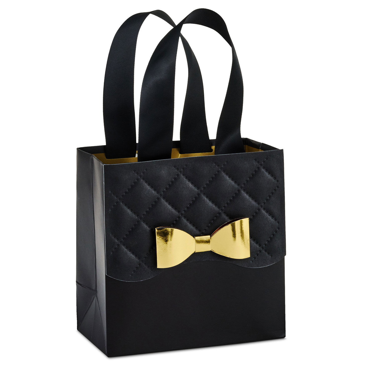 Gold Bow on Quilted Black Small Gift Bag Front image number 1
