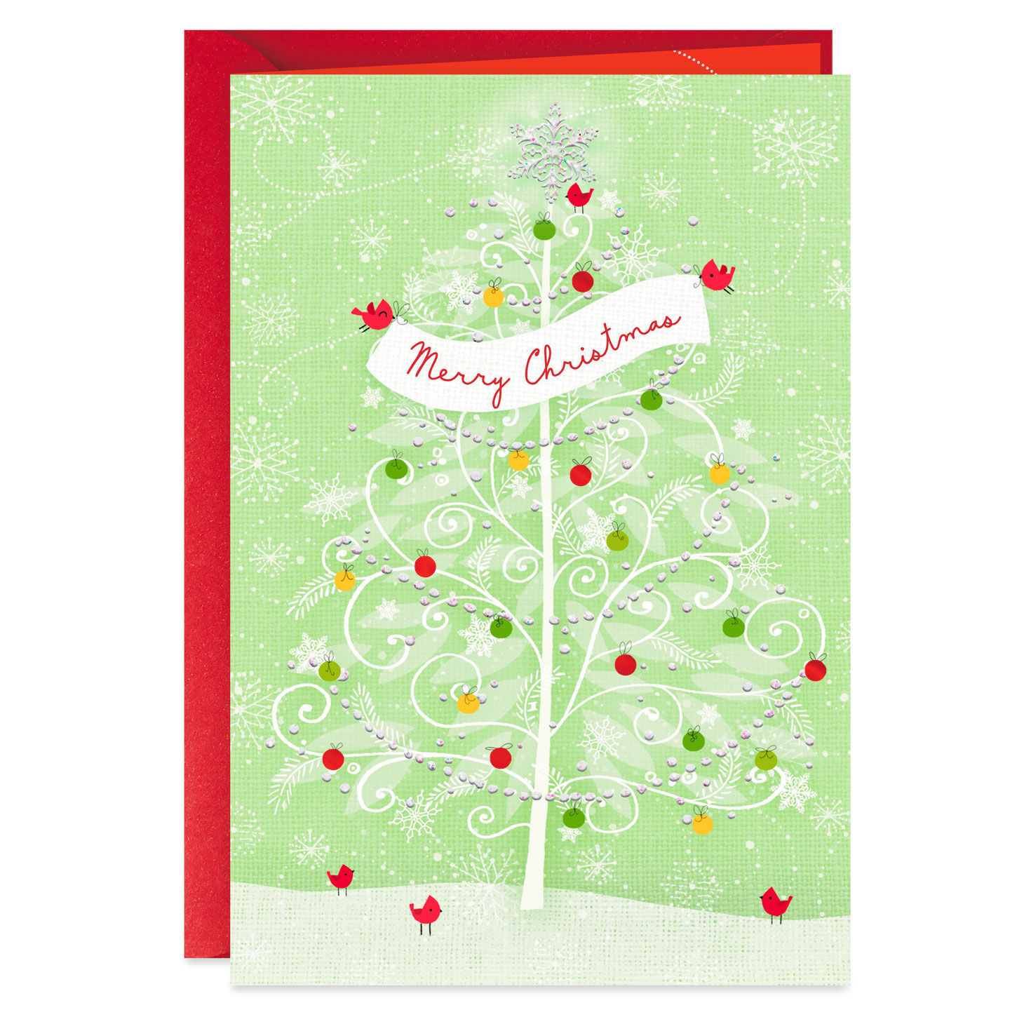 Snowy Tree With Ornaments and Cardinals Christmas Card