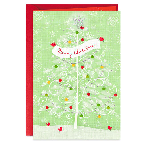 Snowy Tree With Ornaments and Cardinals Christmas Card, 