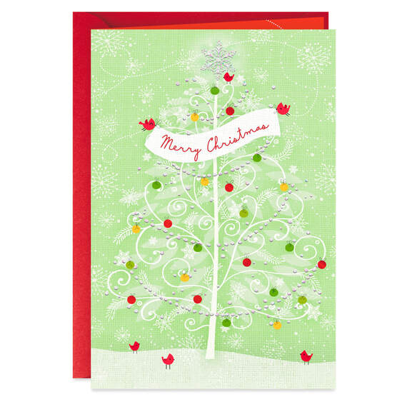 Snowy Tree With Ornaments and Cardinals Christmas Card