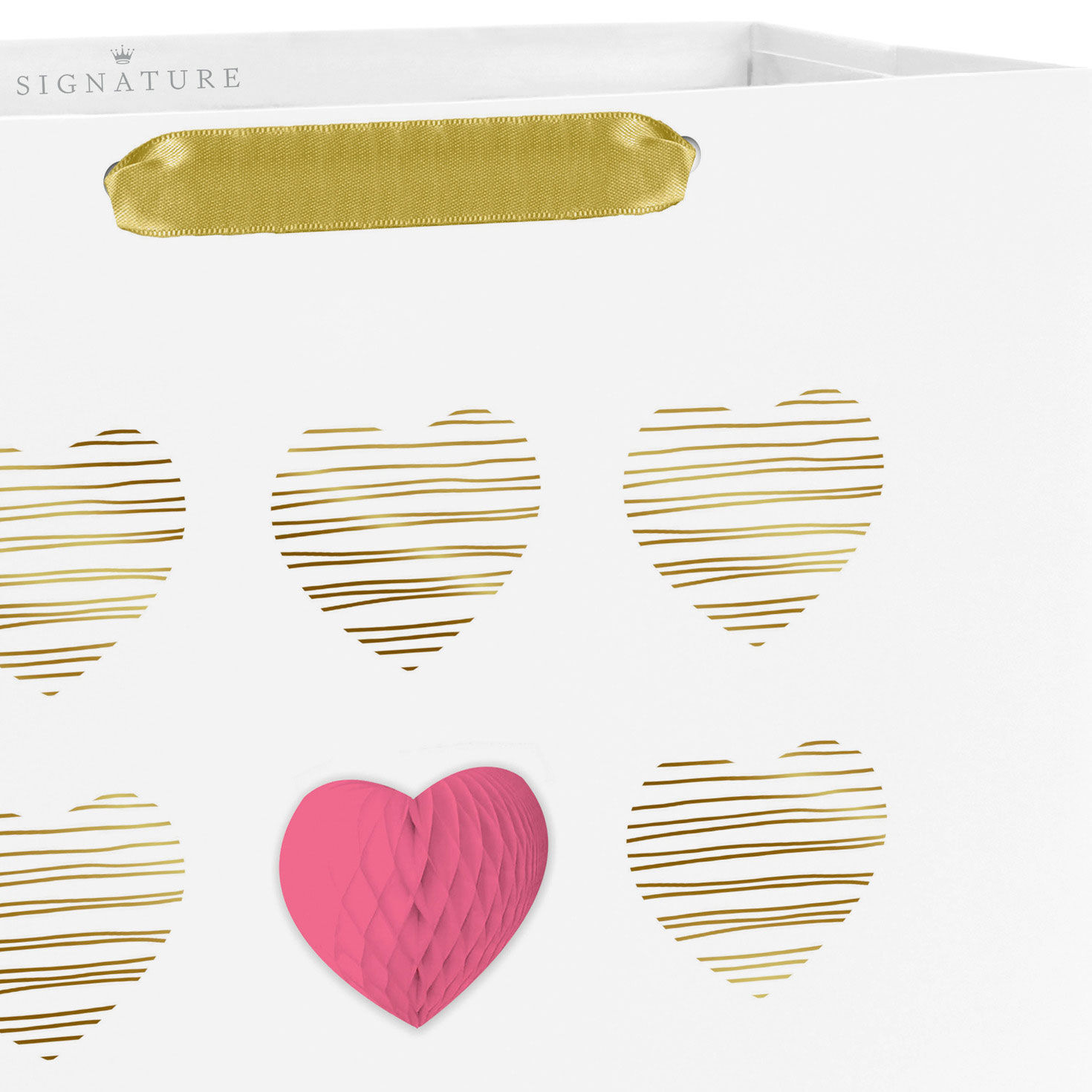 Red Honeycomb Heart and Gold Line Hearts Gift Bag Handle Detail image number 4