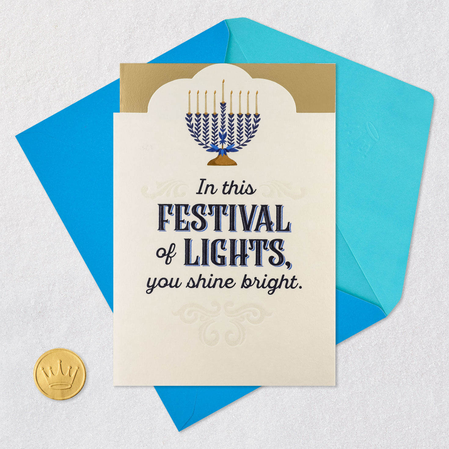 Blue and Gold Menorah Hanukkah Card Card Front with Envelope and Gold Seal image number 6