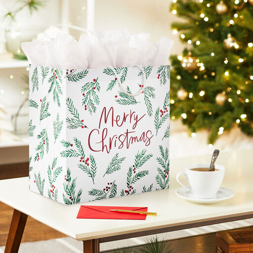 15" Merry Christmas With Pine Boughs Extra-Deep Gift Bag, 