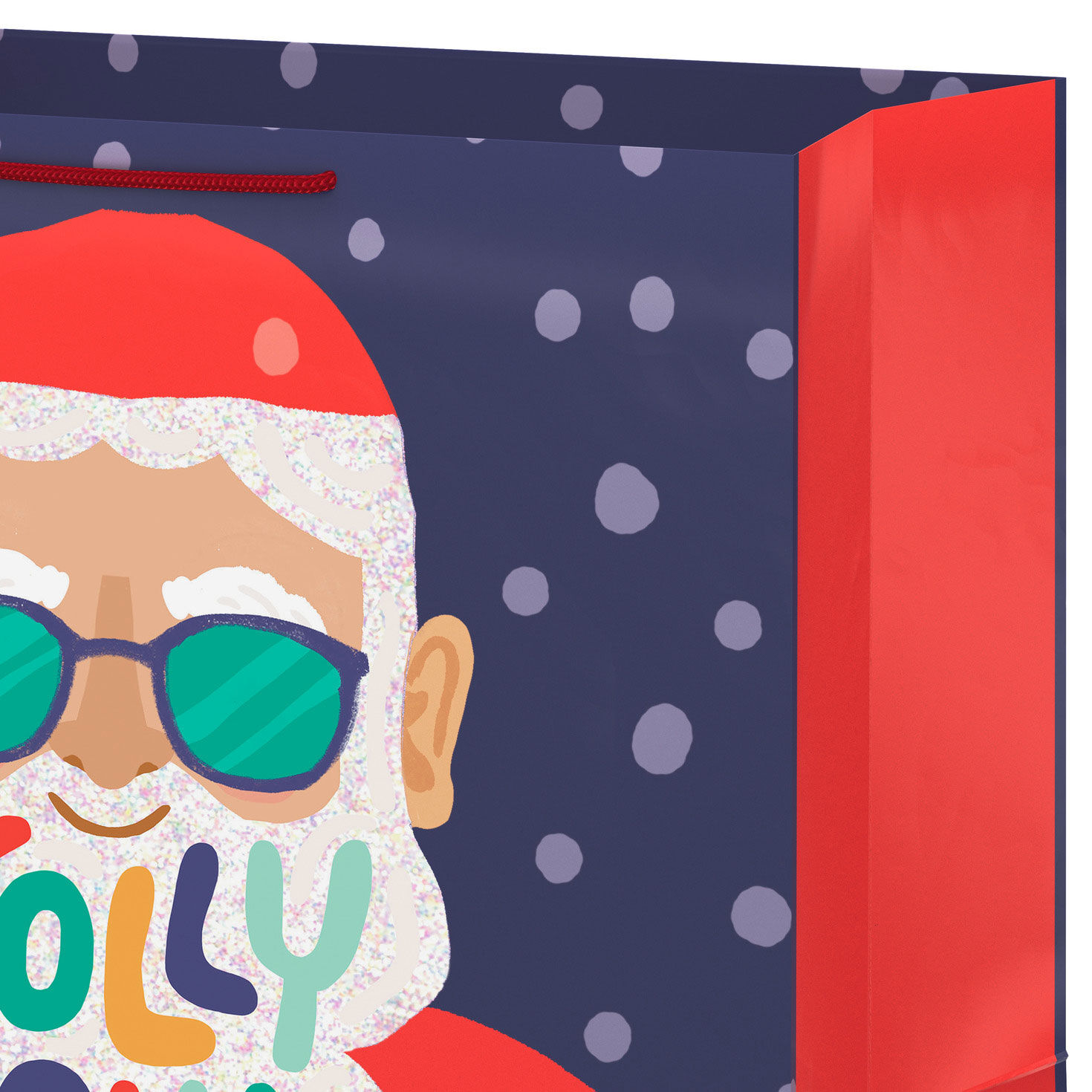 Glittery Santa on Blue Big Holiday Gift Bag Handle Detail image number 4