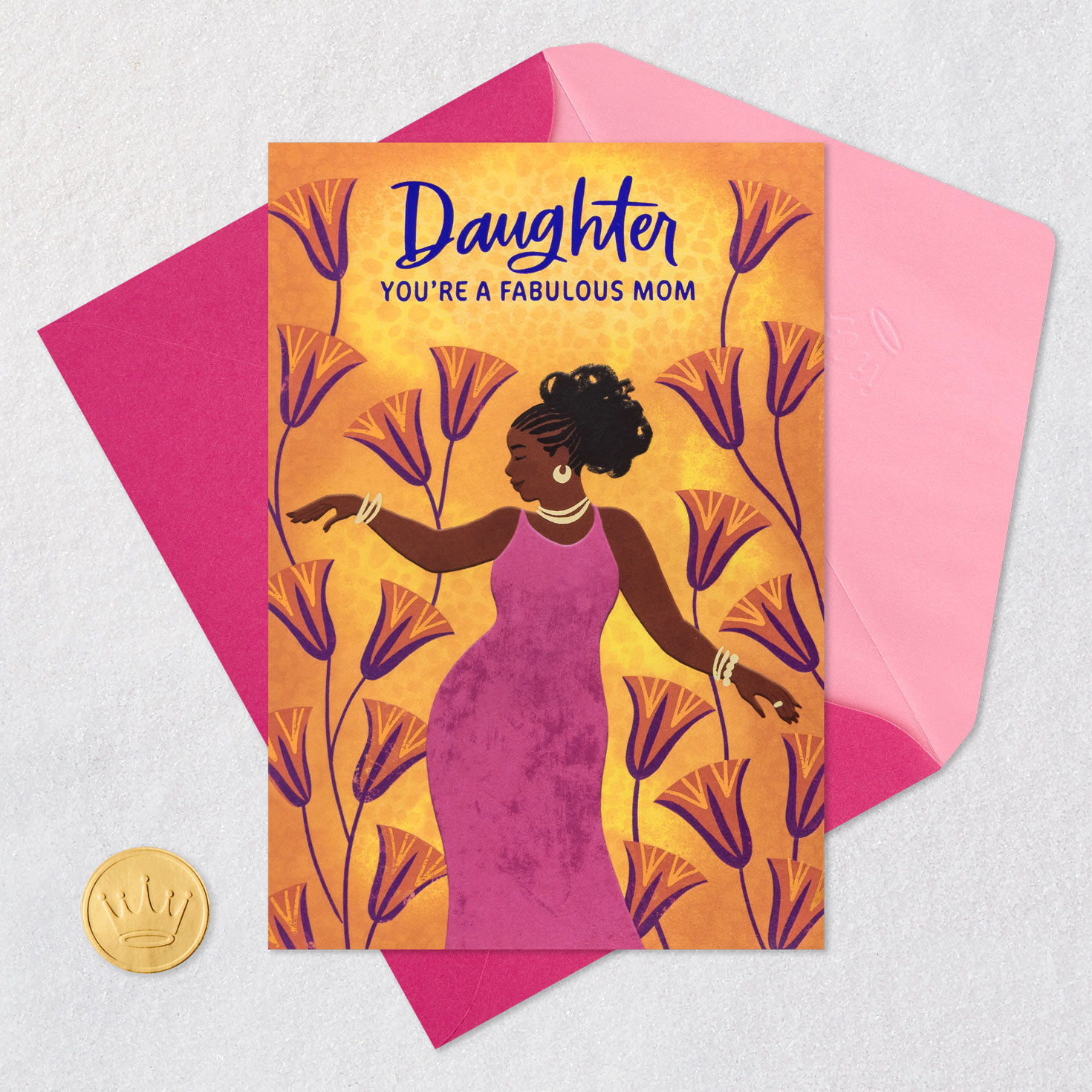 Black Daughter in Pink Dress Mother's Day Card Card Front with Envelope and Gold Seal image number 6