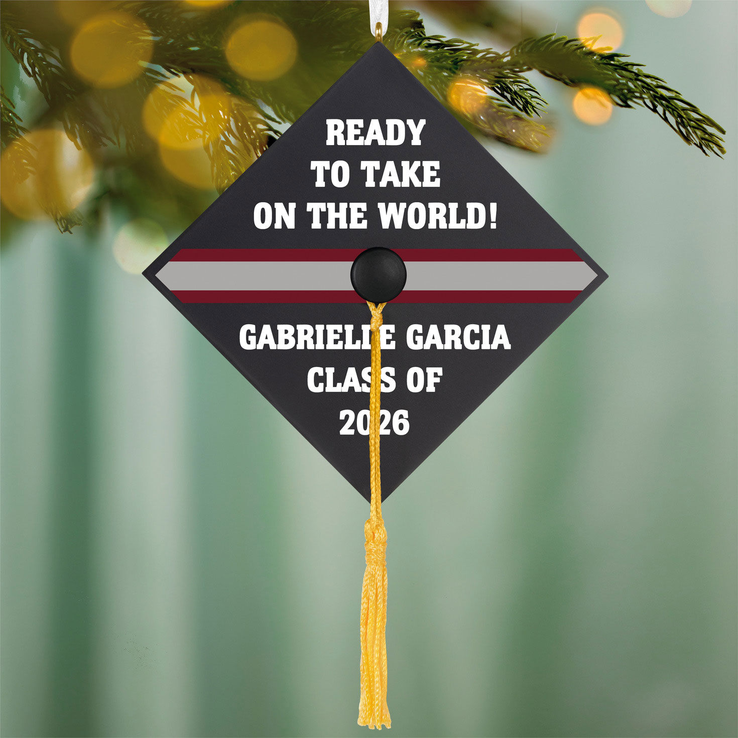 Graduation Cap Text Personalized Keepsake Ornament hanging on tree image number 3