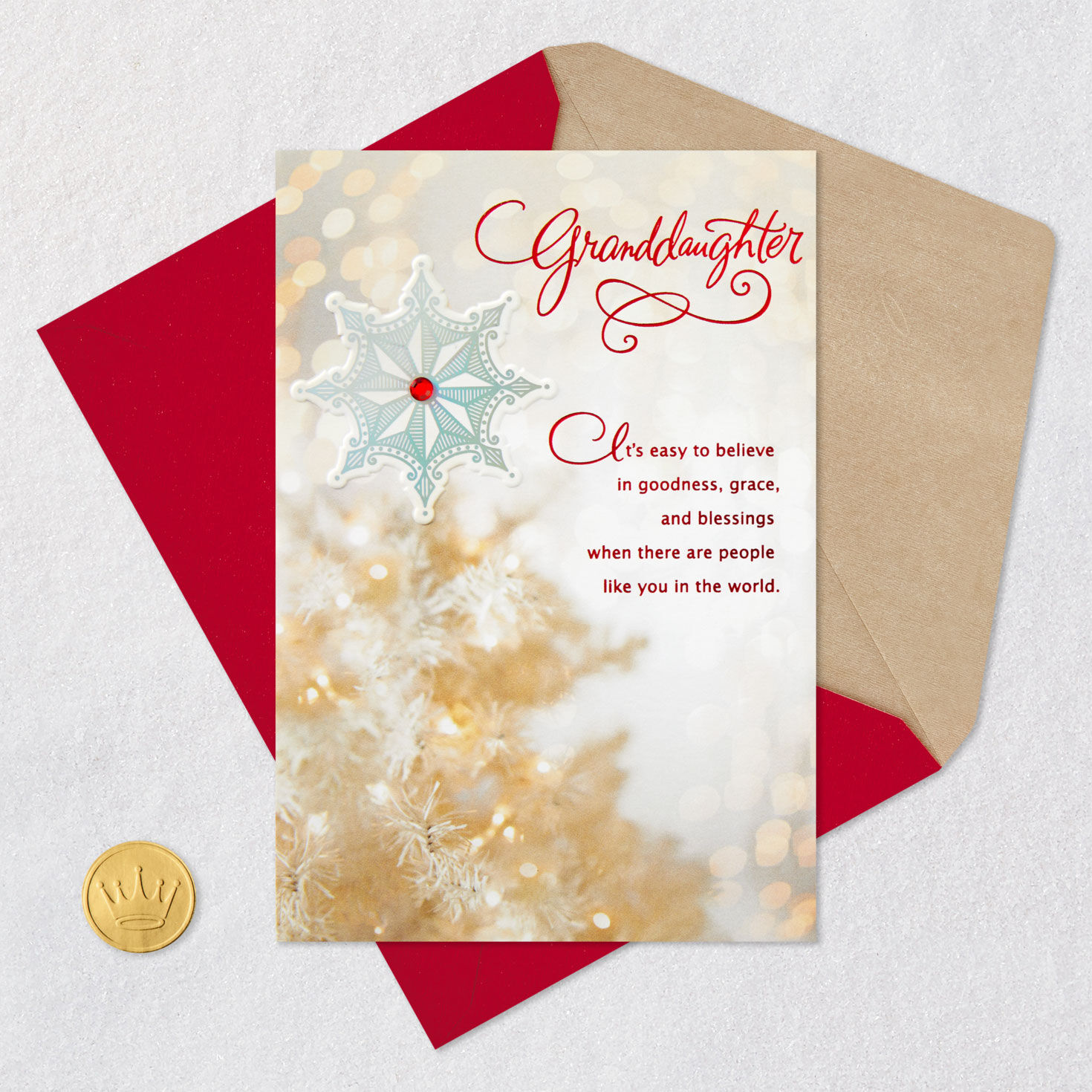 White Tree With Snowflake Granddaughter Christmas Card Card Front with Envelope and Gold Seal image number 5