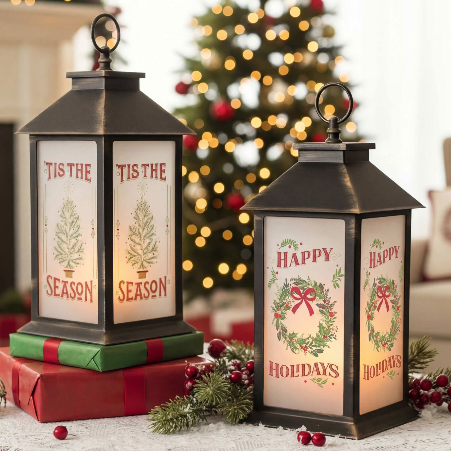 Battery-Operated Black Fireglow Christmas Lantern with Timer 12 in in use image number 2