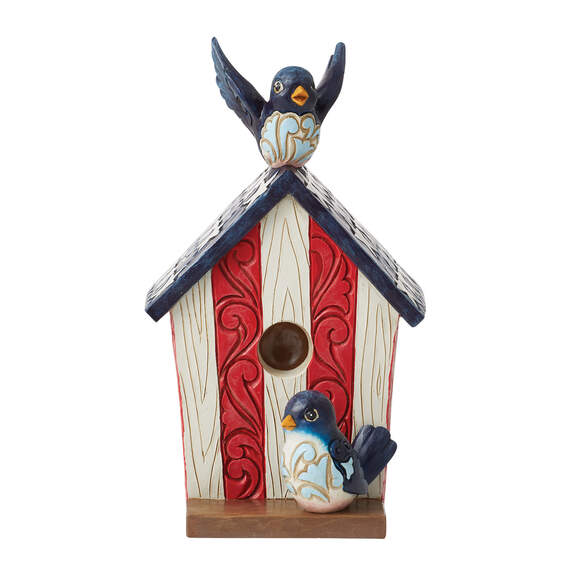 Jim Shore Patriotic Birdhouse and Blue Jays Figurine, 5.2"
