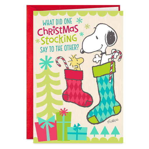 Peanuts® Snoopy and Woodstock in Stockings Funny Christmas Card, 