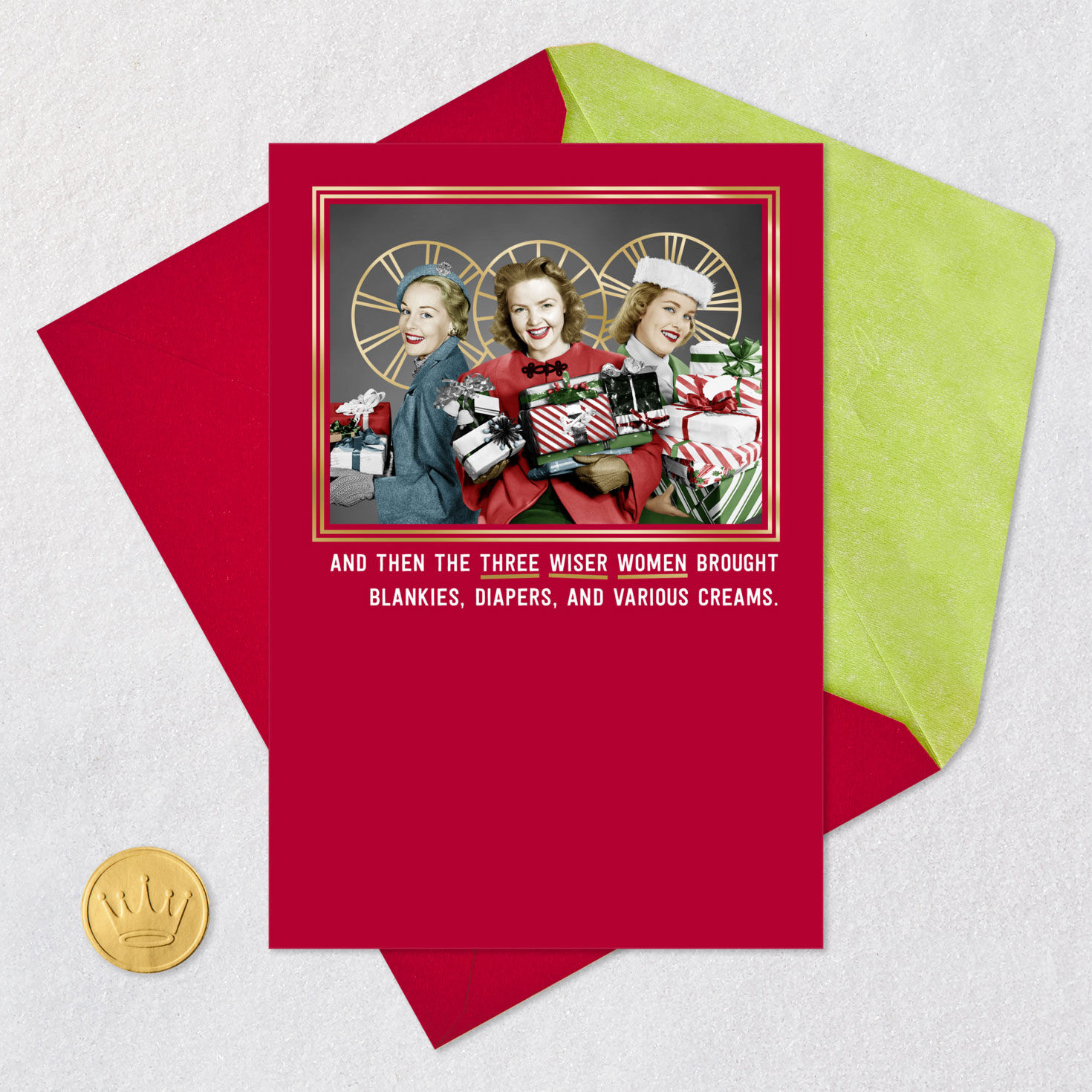 Retro Women Photo Funny Christmas Card Card Front with Envelope and Gold Seal image number 6