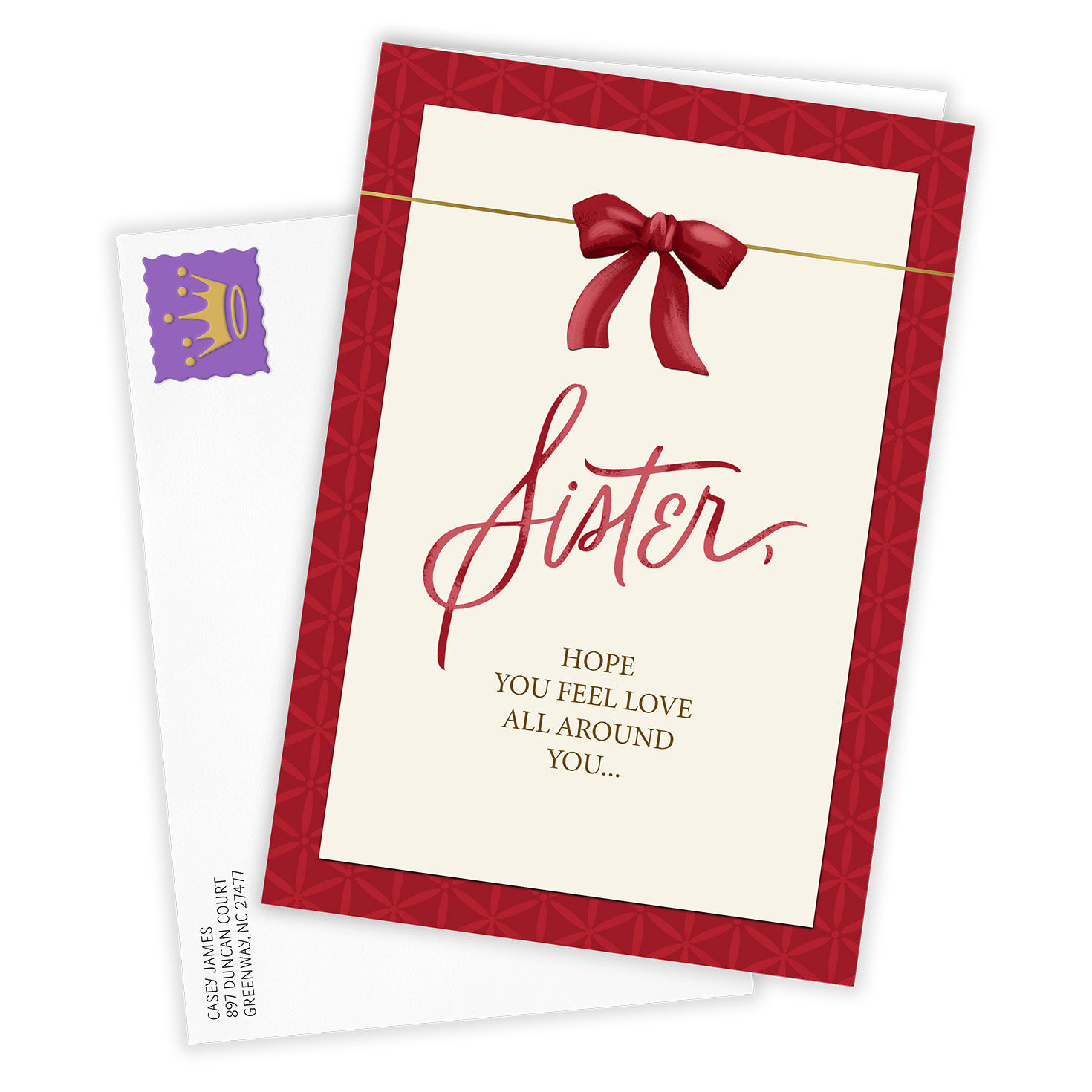 Red Bow Personalized Christmas Card for Sister Card  front with Envelope  image number 2