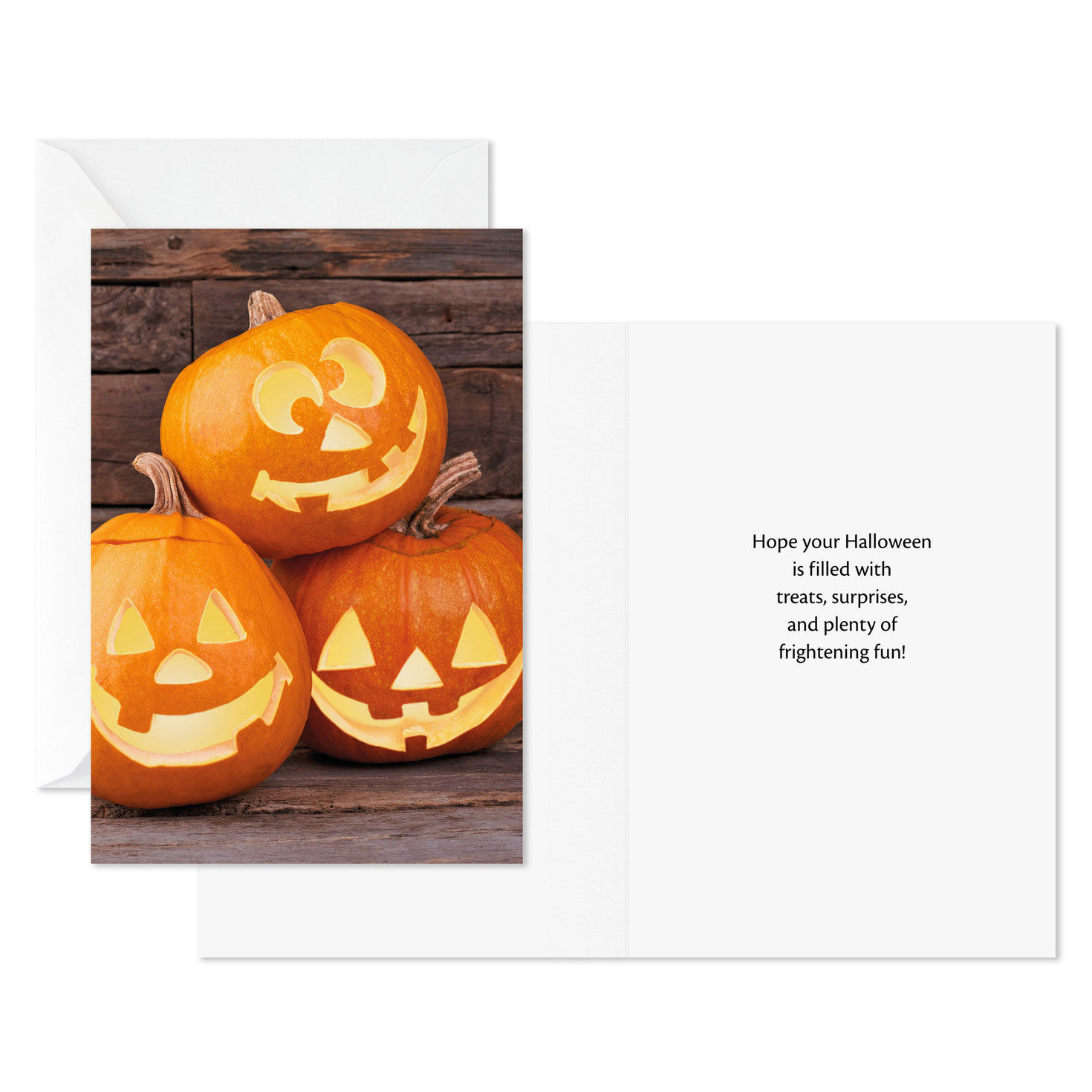 Three Carved Pumpkins Halloween Cards Pack Card Front with Sentiment image number 3