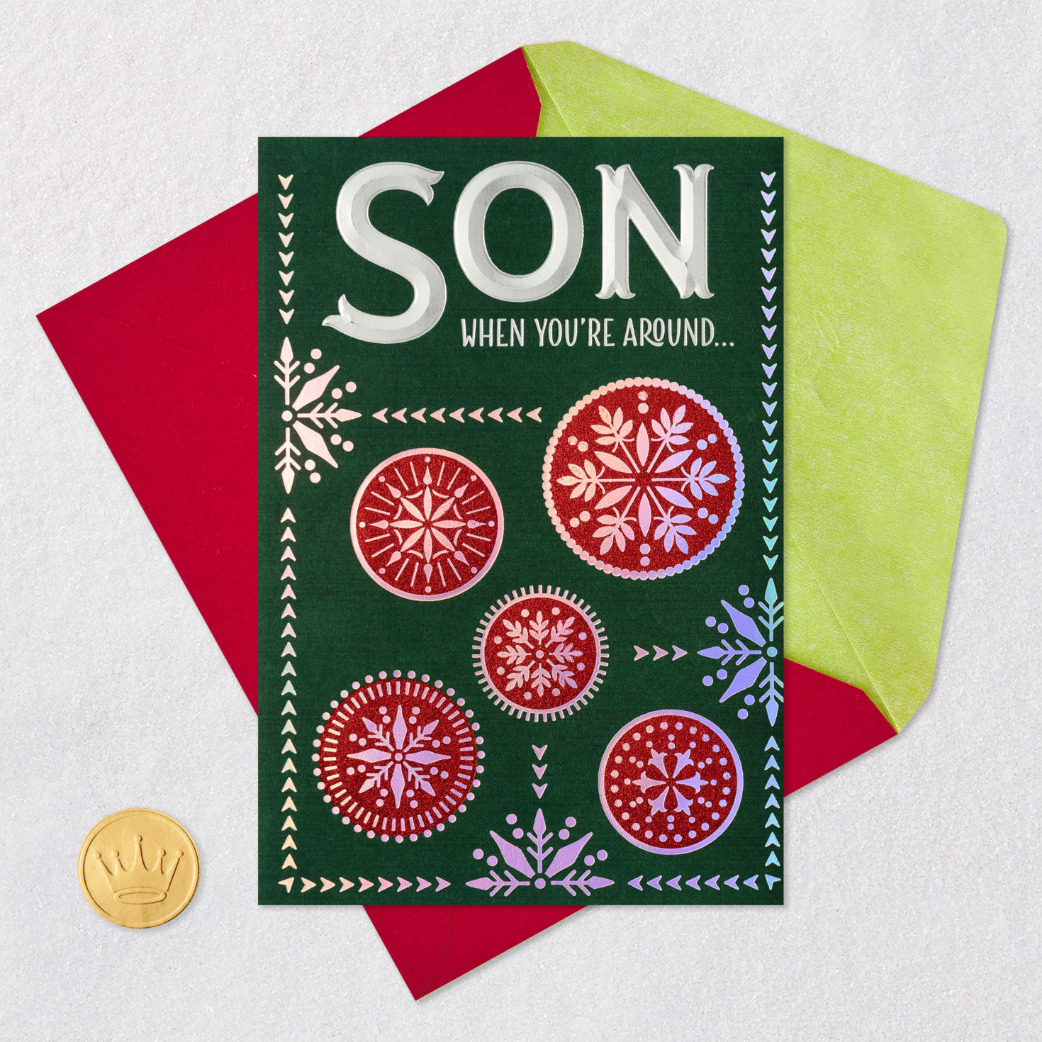 Red and Green Snowflakes Son Christmas Card Card Front Detail image number 7