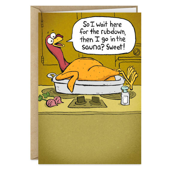 Turkey Rubdown and Sauna Funny Thanksgiving Card, , large image number 1