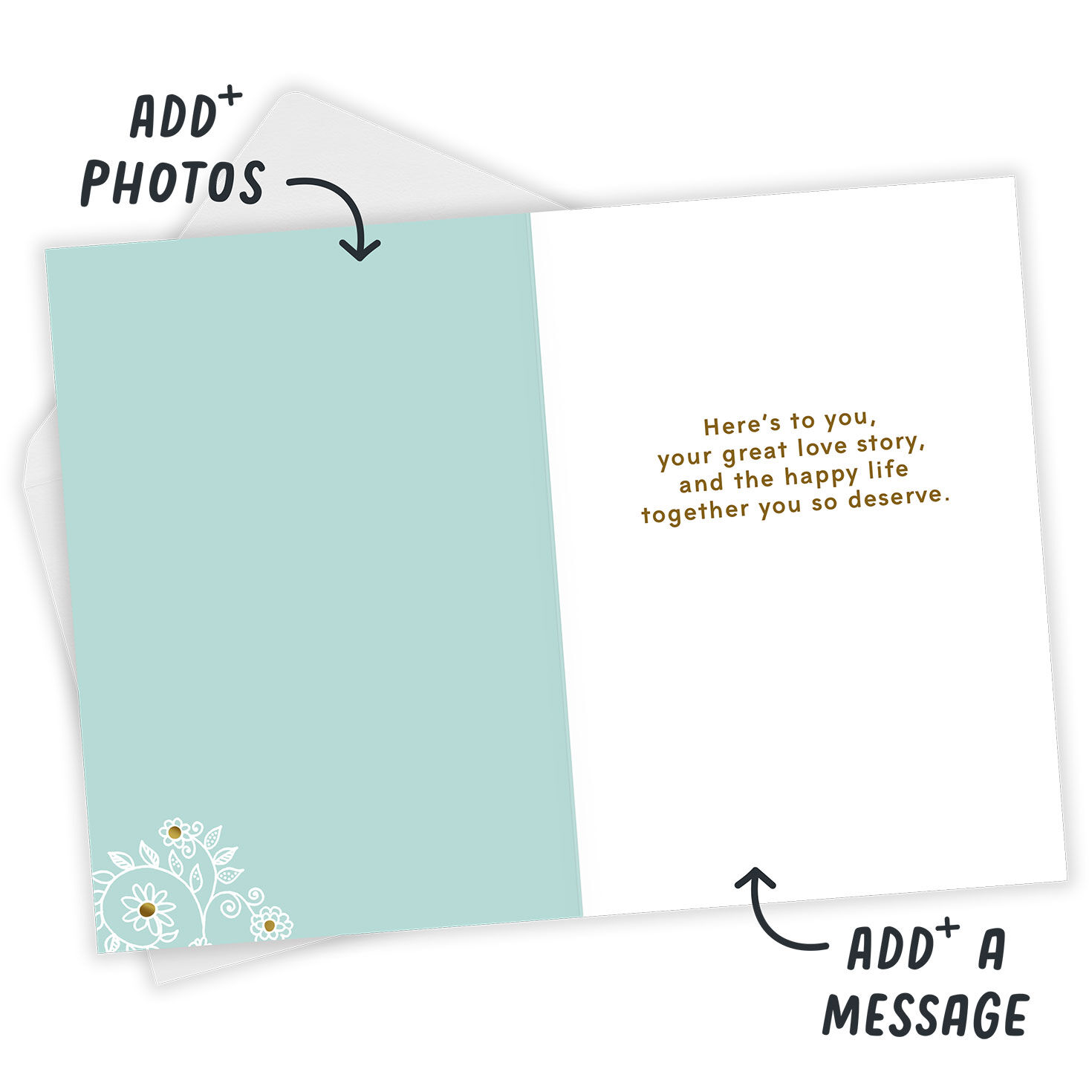 Happily Ever After Symbols Personalized Wedding Card Open Card with Envelope indicating personalization image number 3