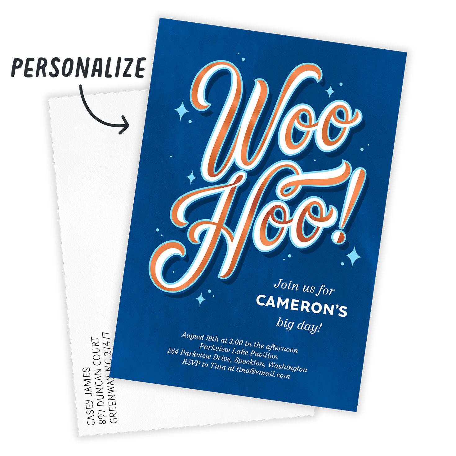 Woo Hoo! Script on Blue Personalized Party Invitation Card with Envelope indicating personalization image number 2