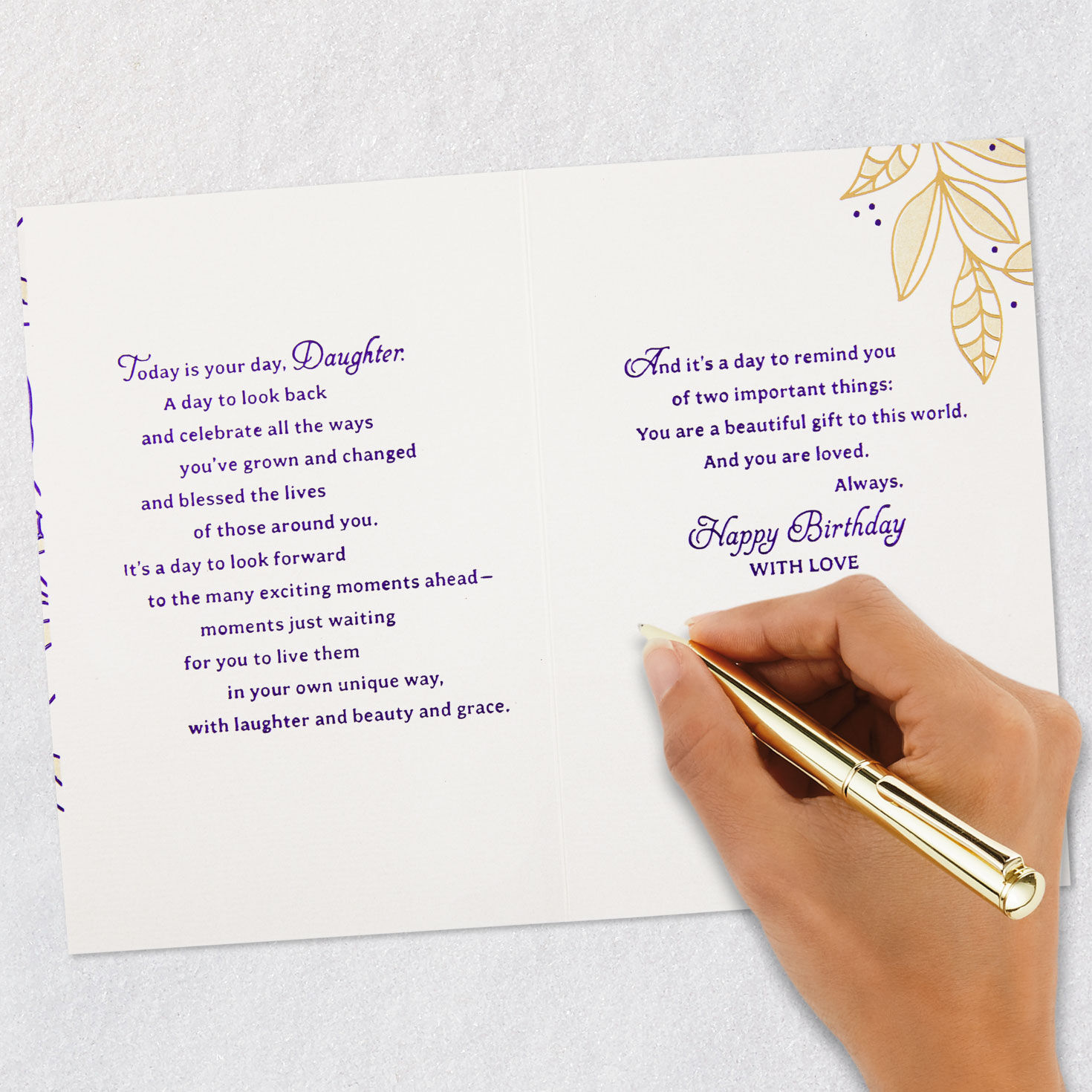 Purple Leaves Birthday Card for Daughter signing card image number 7