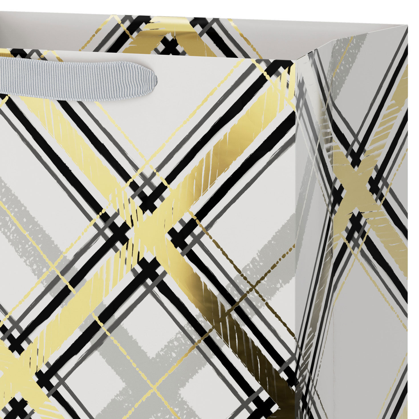 Black and Gold Plaid on White Large Holiday Gift Bag Handle Detail image number 4