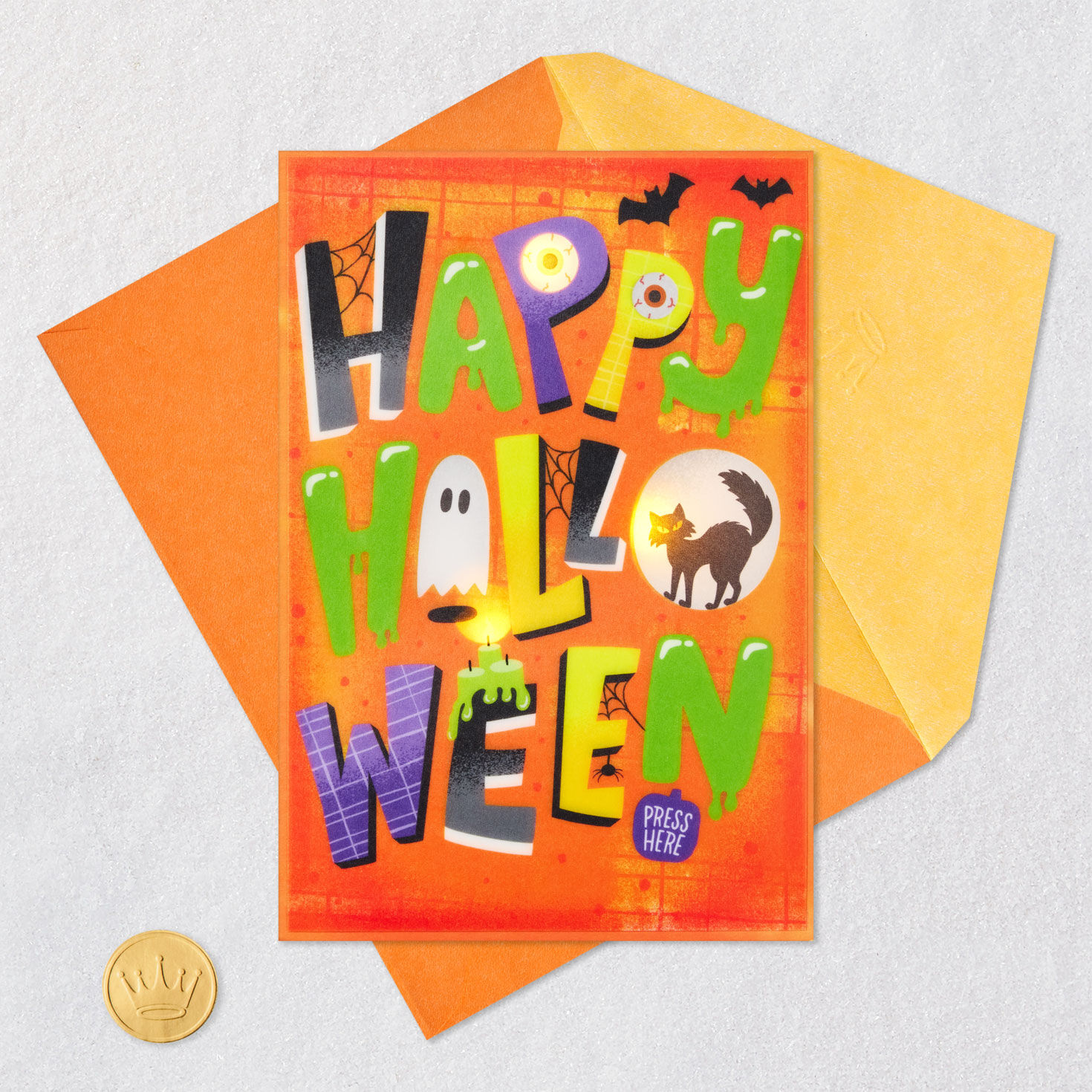 Slime and Cats Lettering Orange Halloween Card Card Front with Envelope and Gold Seal image number 5