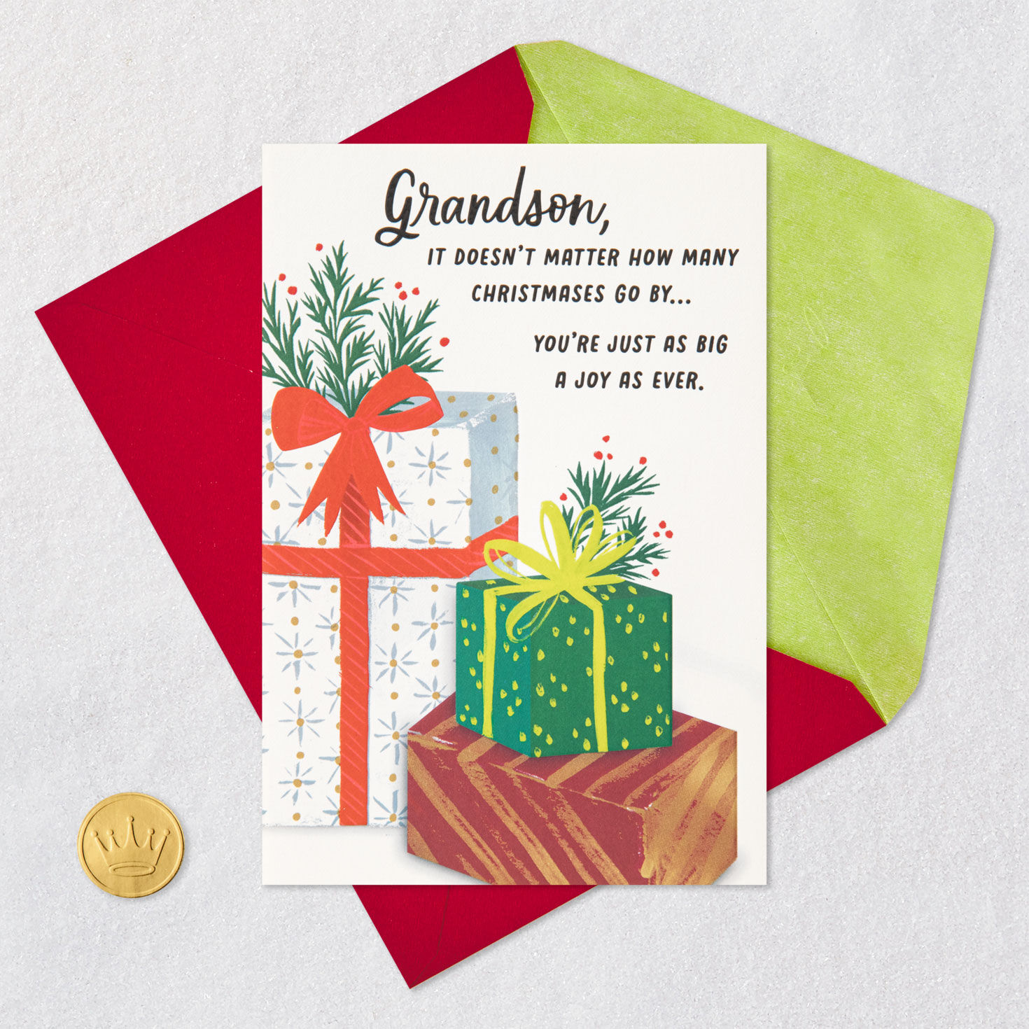 Wrapped Gifts Christmas Card for Grandson Card Front with Envelope and Gold Seal image number 5