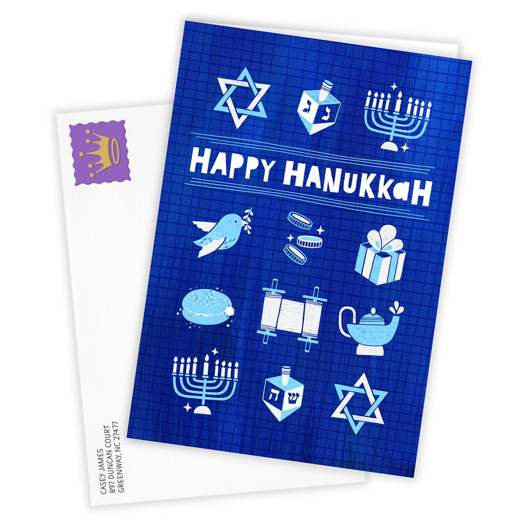 Blue Holiday Symbols Personalized Hanukkah Card Card  front with Envelope  image number 2