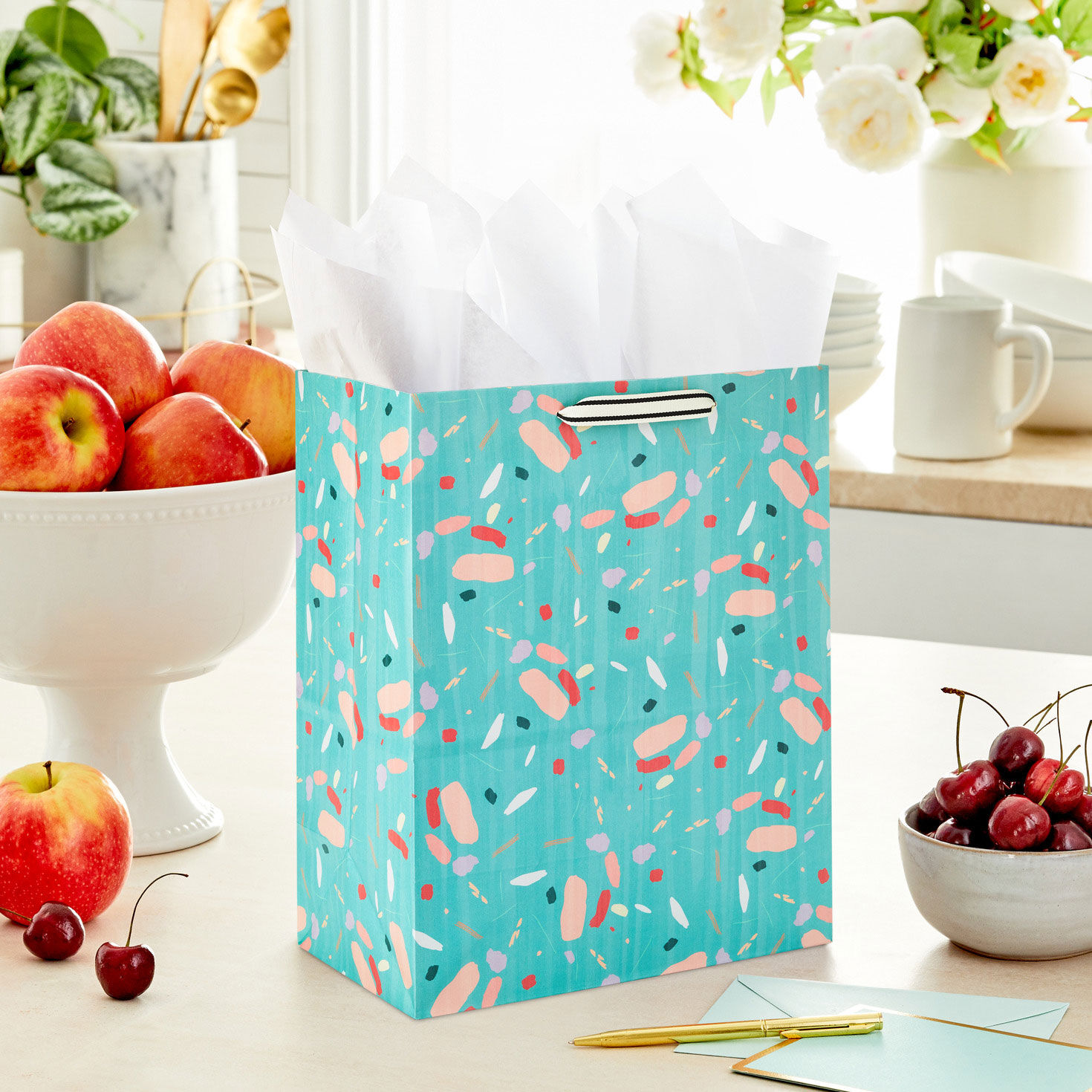 Colorful Terrazzo on Mint Large Gift Bag In use image number 2