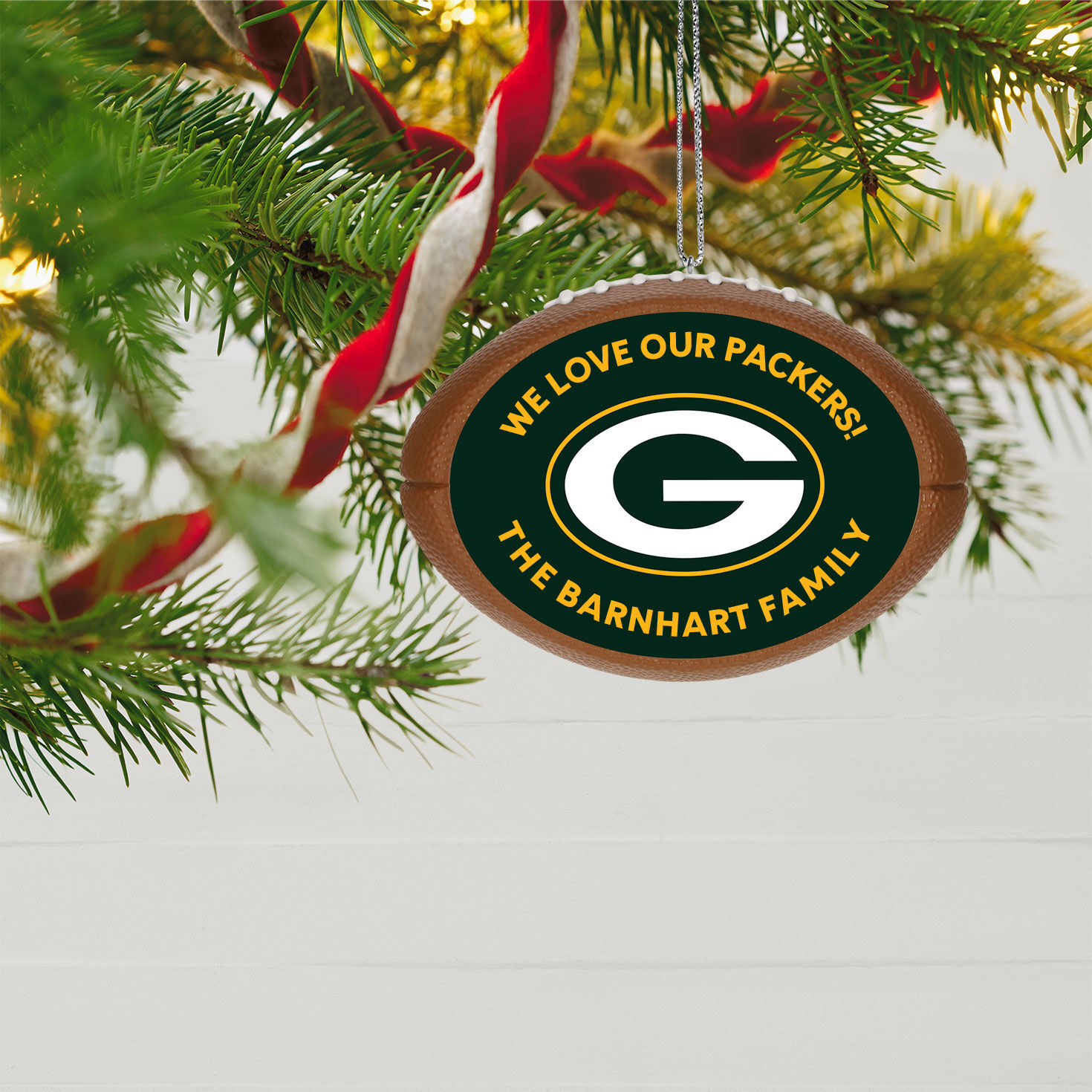 NFL Football Green Bay Packers Text Personalized Ornament hanging on tree image number 4