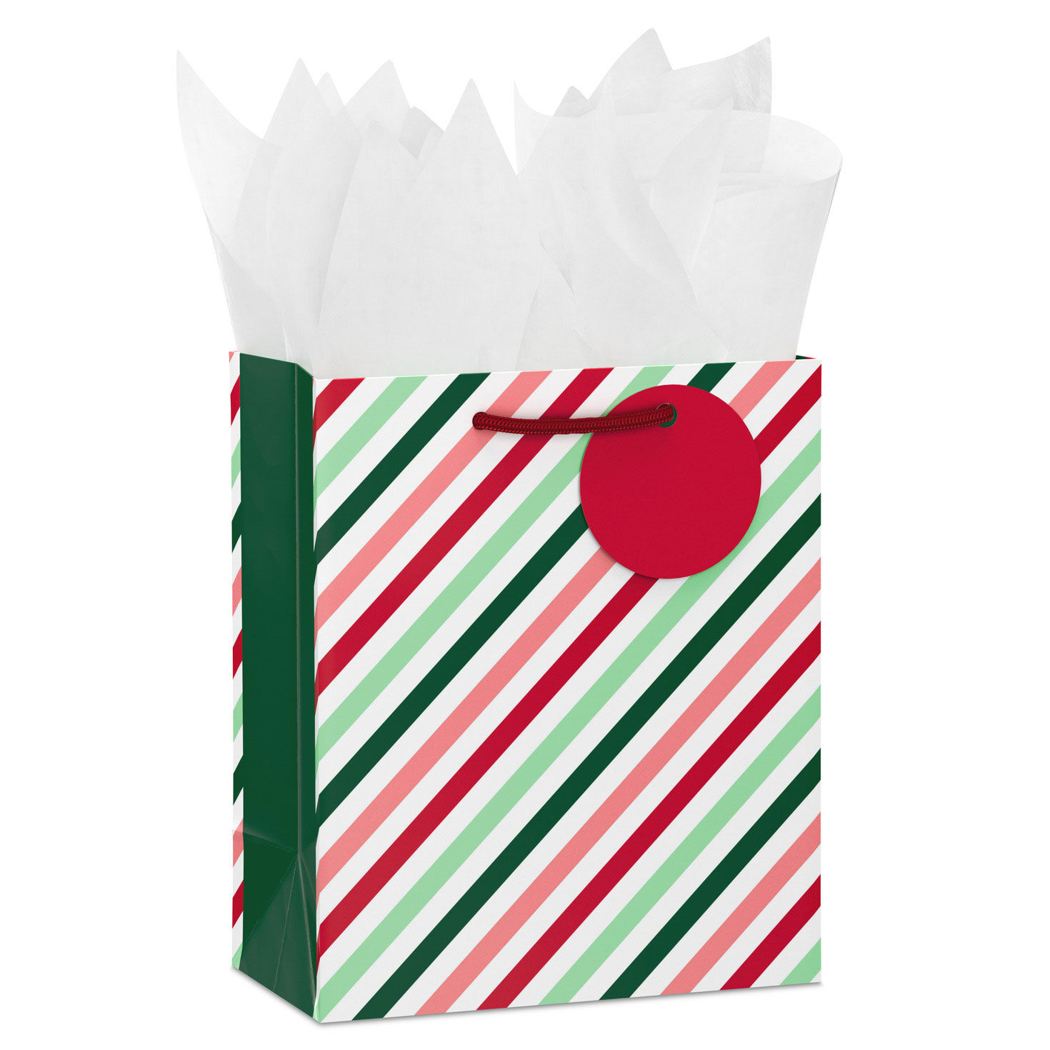 6.5" Pink and Green Stripes Small Christmas Gift Bag With Tissue Paper