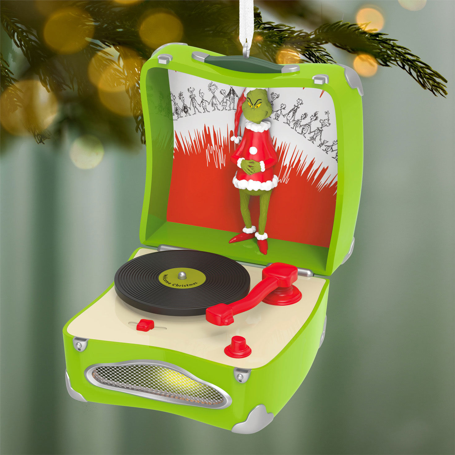 Grinch Record Player Keepsake Ornament hanging on tree image number 2
