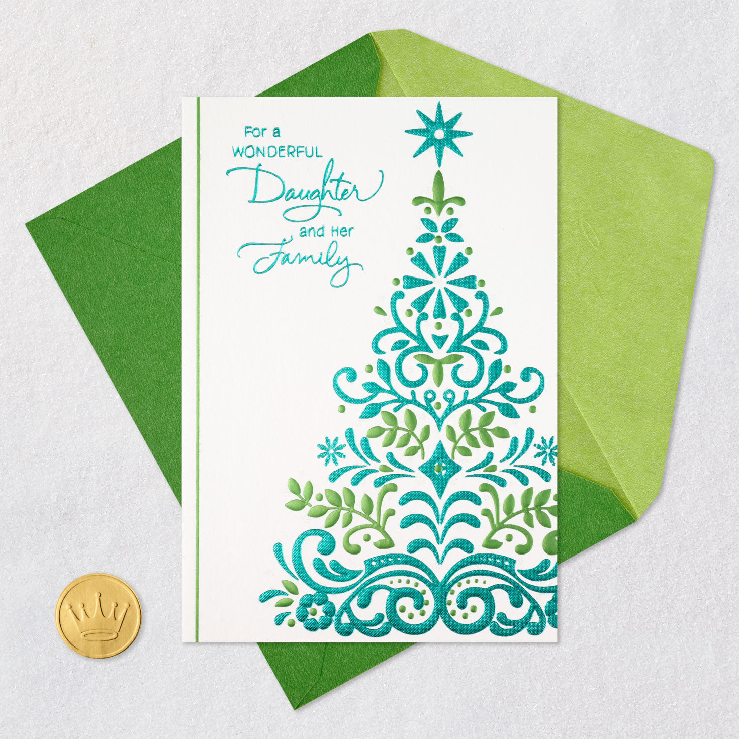 Ornate Tree Christmas Card for Daughter and Family Card Front with Envelope and Gold Seal image number 7