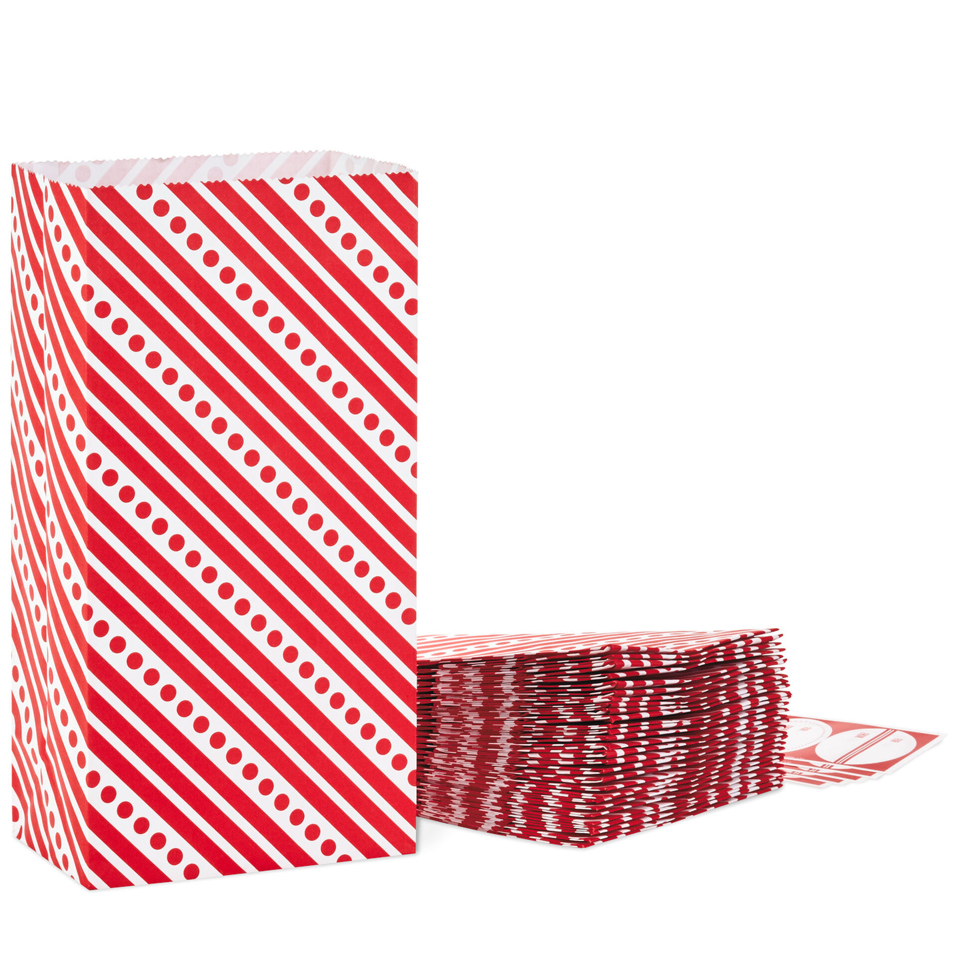 Red Paper Goodie Bags With Labels, Pack of 30