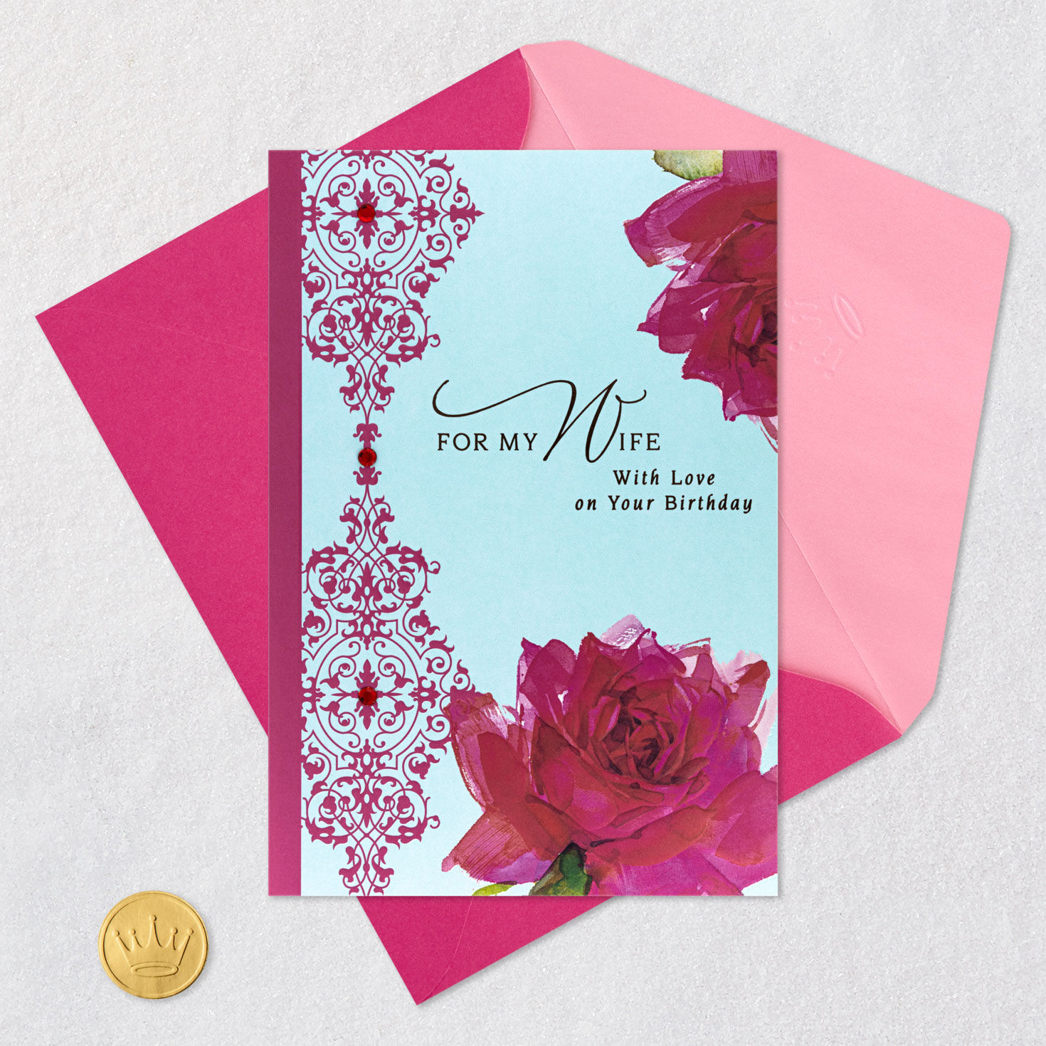Pink and Blue Floral Birthday Card for Wife Card Front with Envelope and Gold Seal image number 6