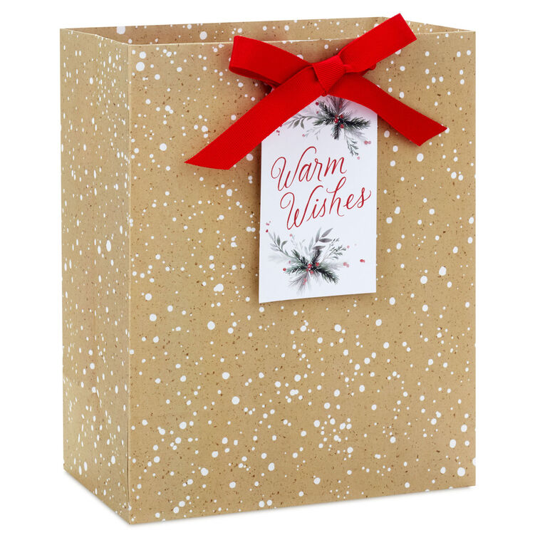 9.6" Snow-Speckled Kraft Paper Medium Holiday Gift Bag