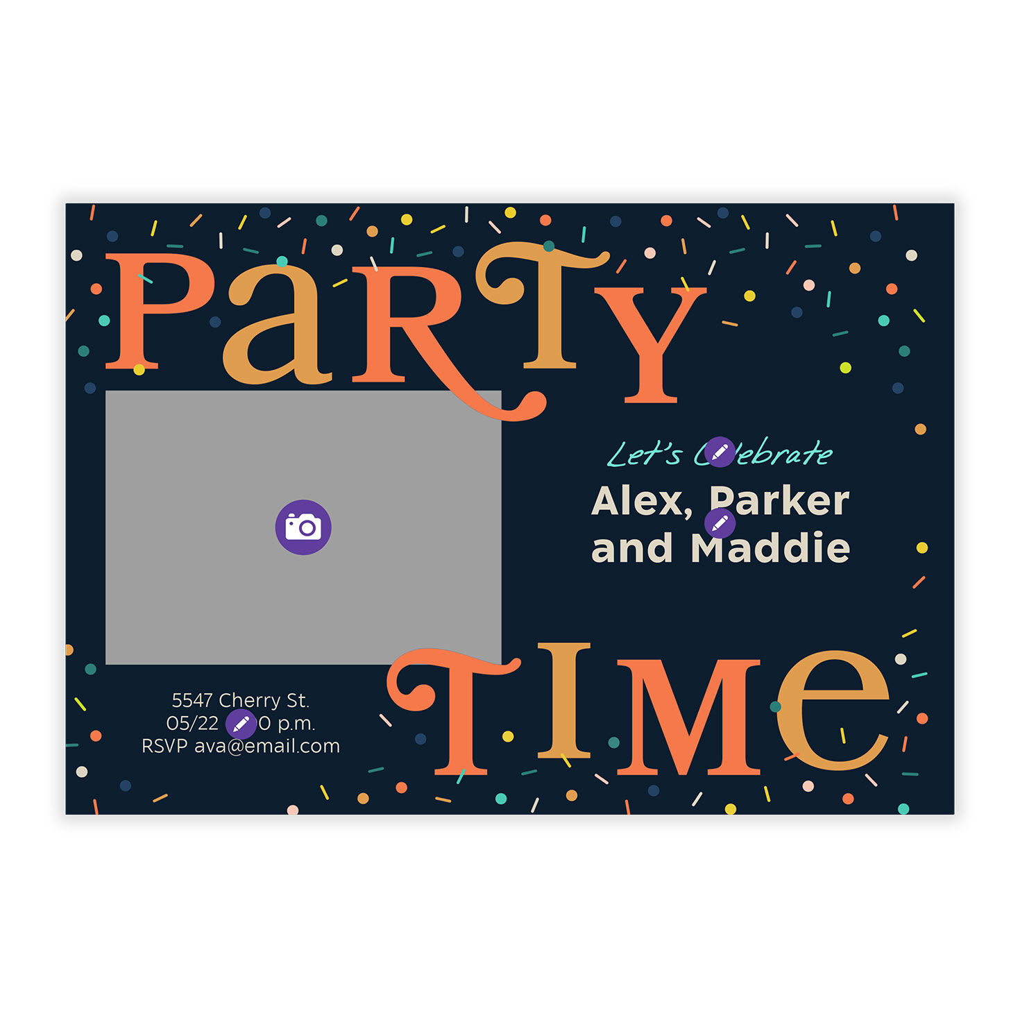 Confetti Orange Letters Grad Party Invitation Card Front indicating personalization image number 5