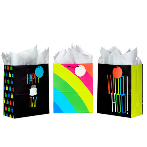 13" Neon Fun 3-Pack Assorted Birthday Gift Bags With Tissue Paper, 