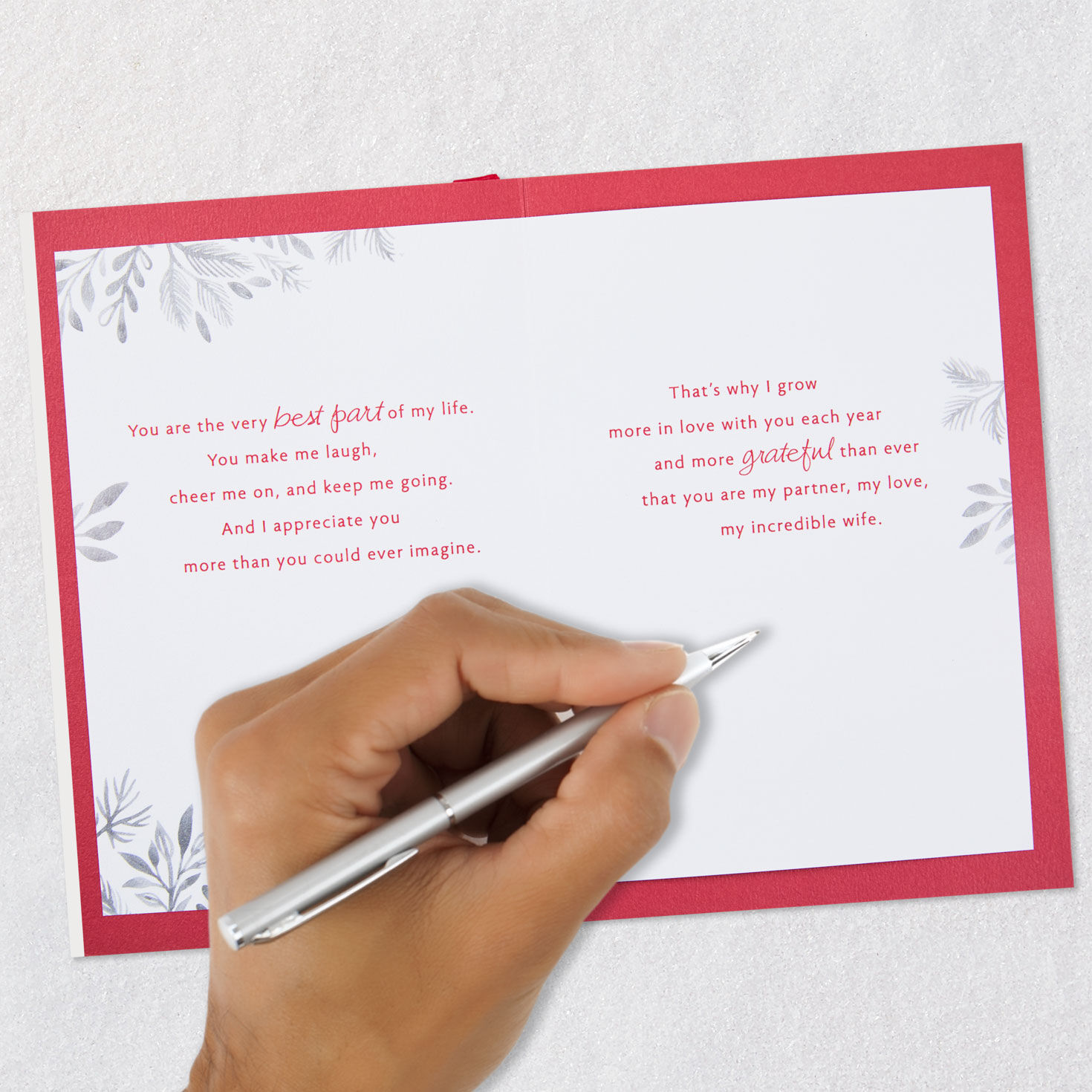 Couple Holding Hands in Snow Wife Christmas Card Signing card image number 8