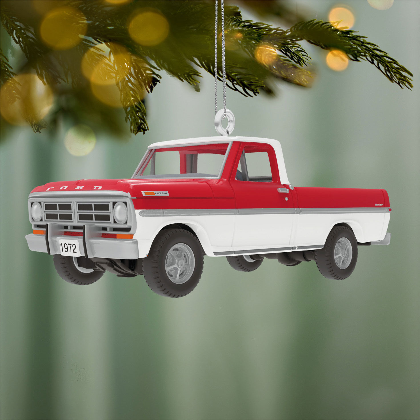 Red White Ford Truck Keepsake Ornament hanging on tree image number 2