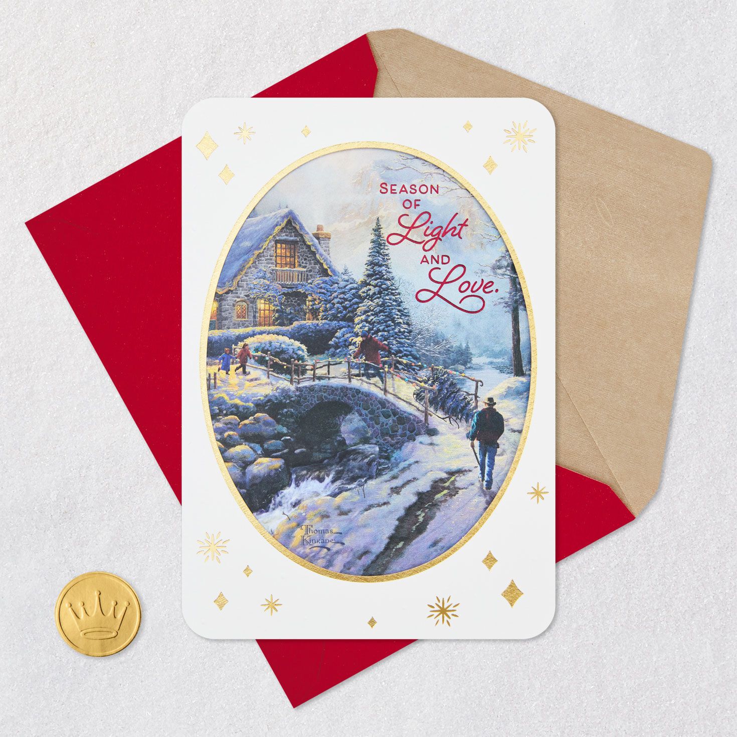 Snowy Bridge Painting Christmas Card Card Front with Envelope and Gold Seal image number 6