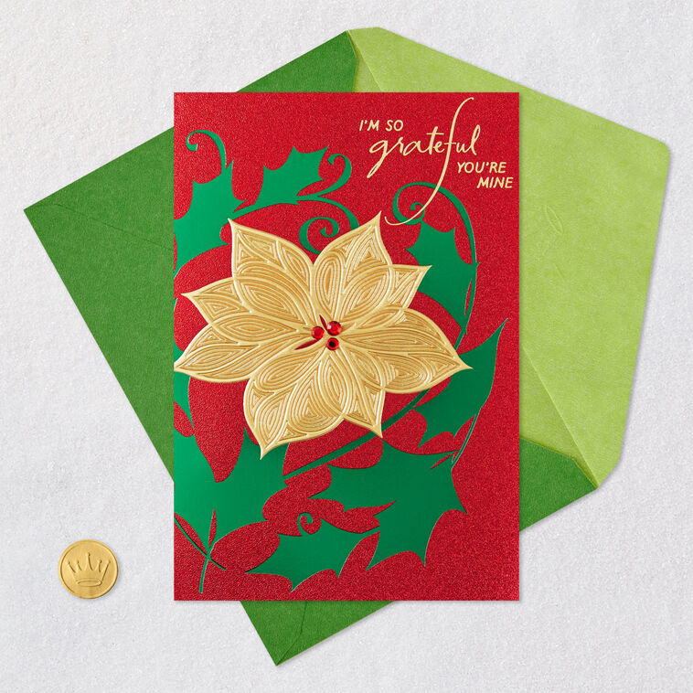 Gold Poinsettia Romantic Christmas Card for Her Card Front with Envelope and Gold Seal image number 6