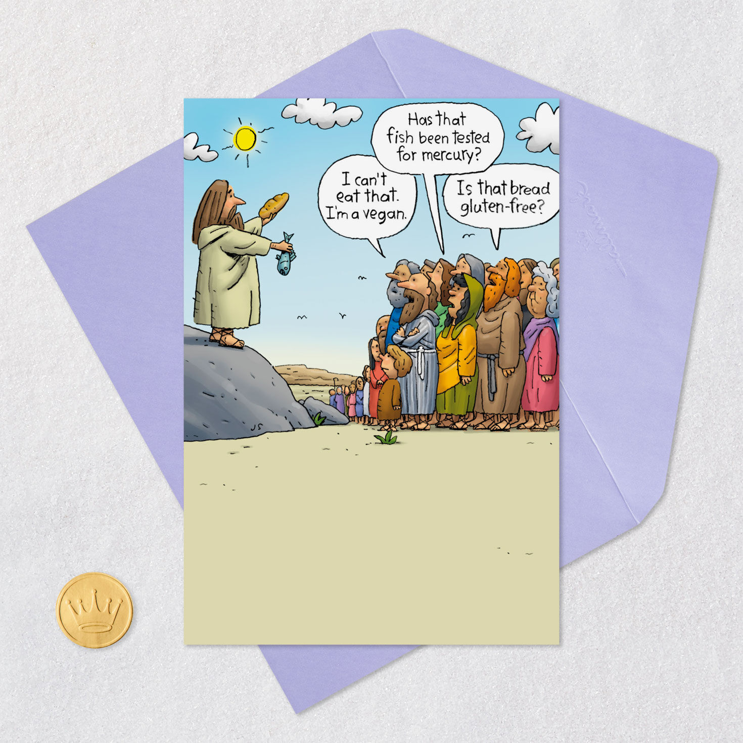 Jesus Loaves and Fishes Vegan Funny Birthday Card Card Front with Envelope and Gold Seal image number 5