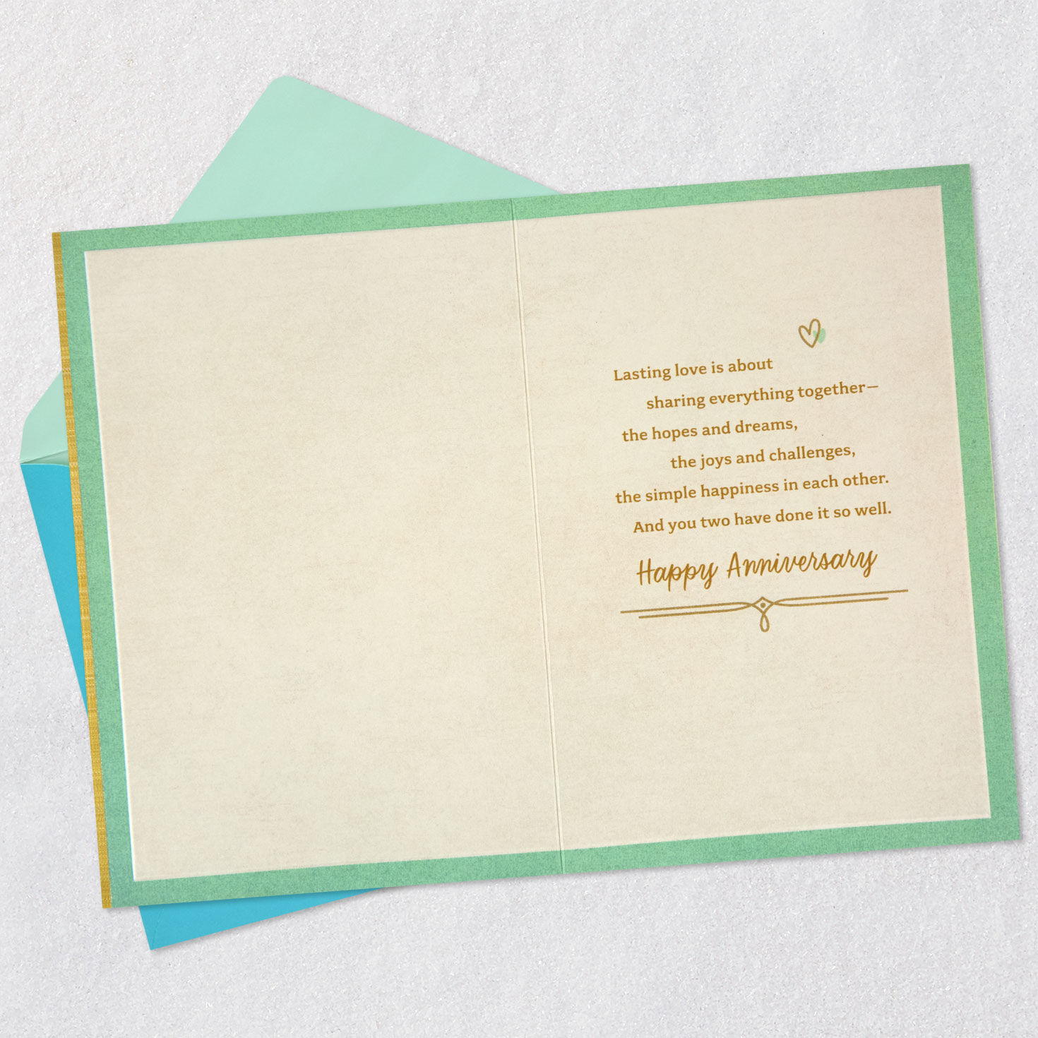 Gold and Mint Green Hearts 70th Anniversary Card Open card with envelope image number 3