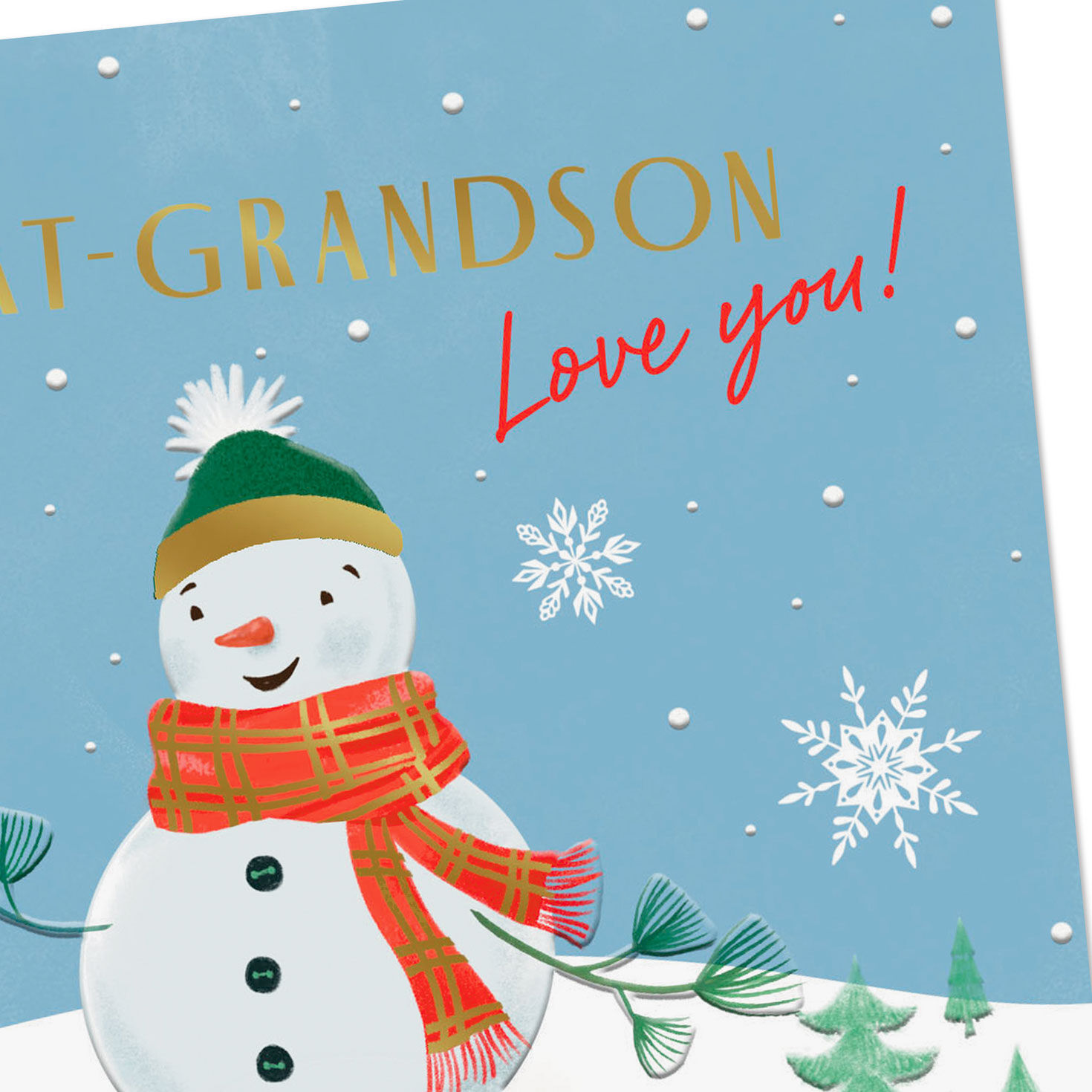 Snowman on Blue Christmas Card for Great-Grandson Card Front Detail image number 4